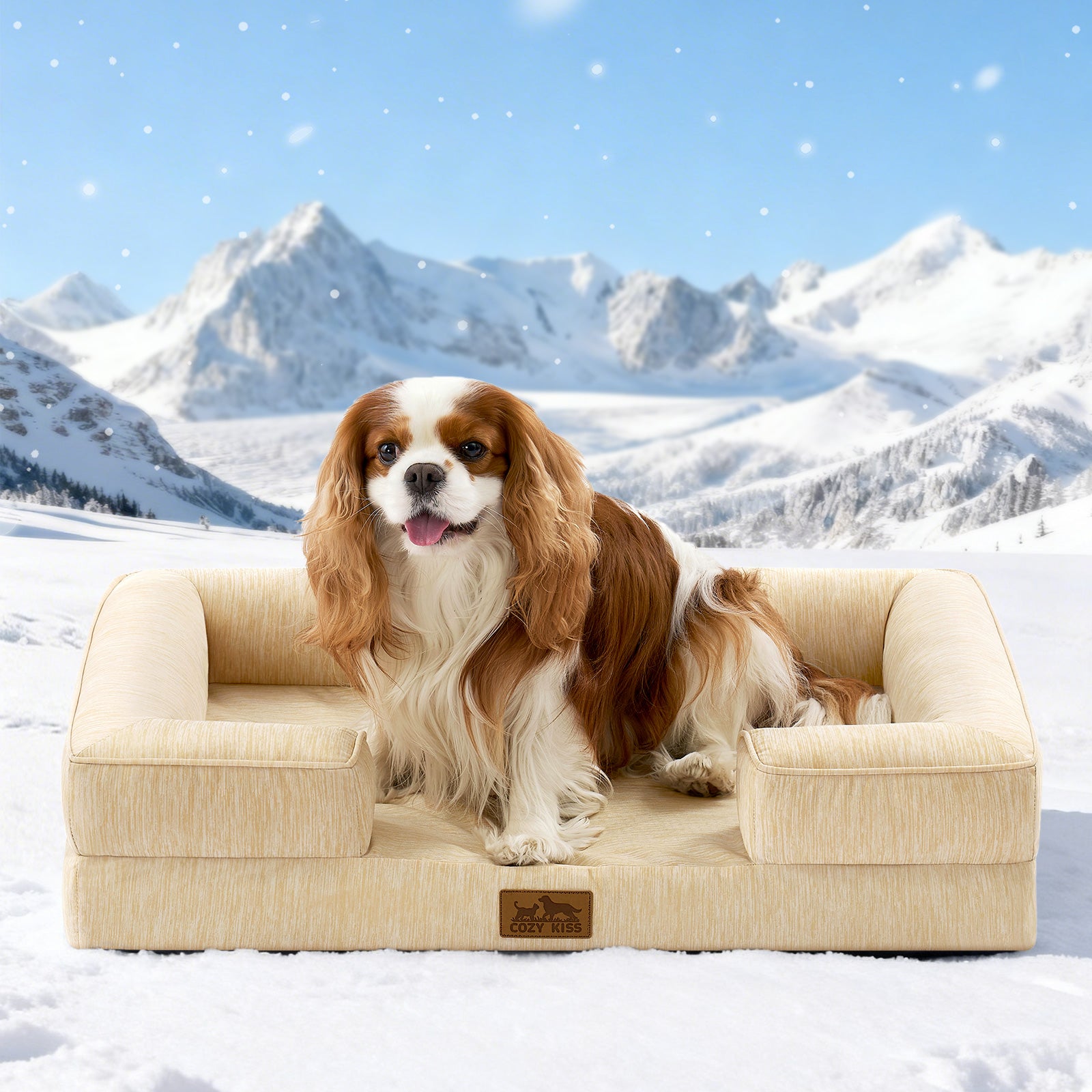 Dog lying on a beige pet bed in a snowy mountain landscape#color_Beige
