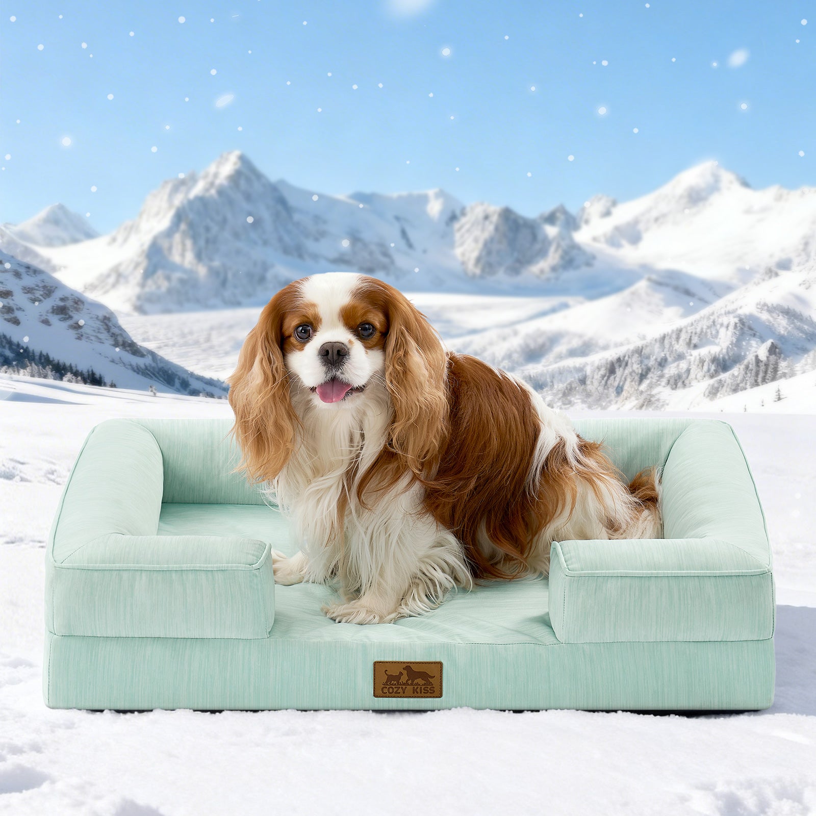 Dog lying on a green pet bed in a snowy mountain landscape#color_Sage Green