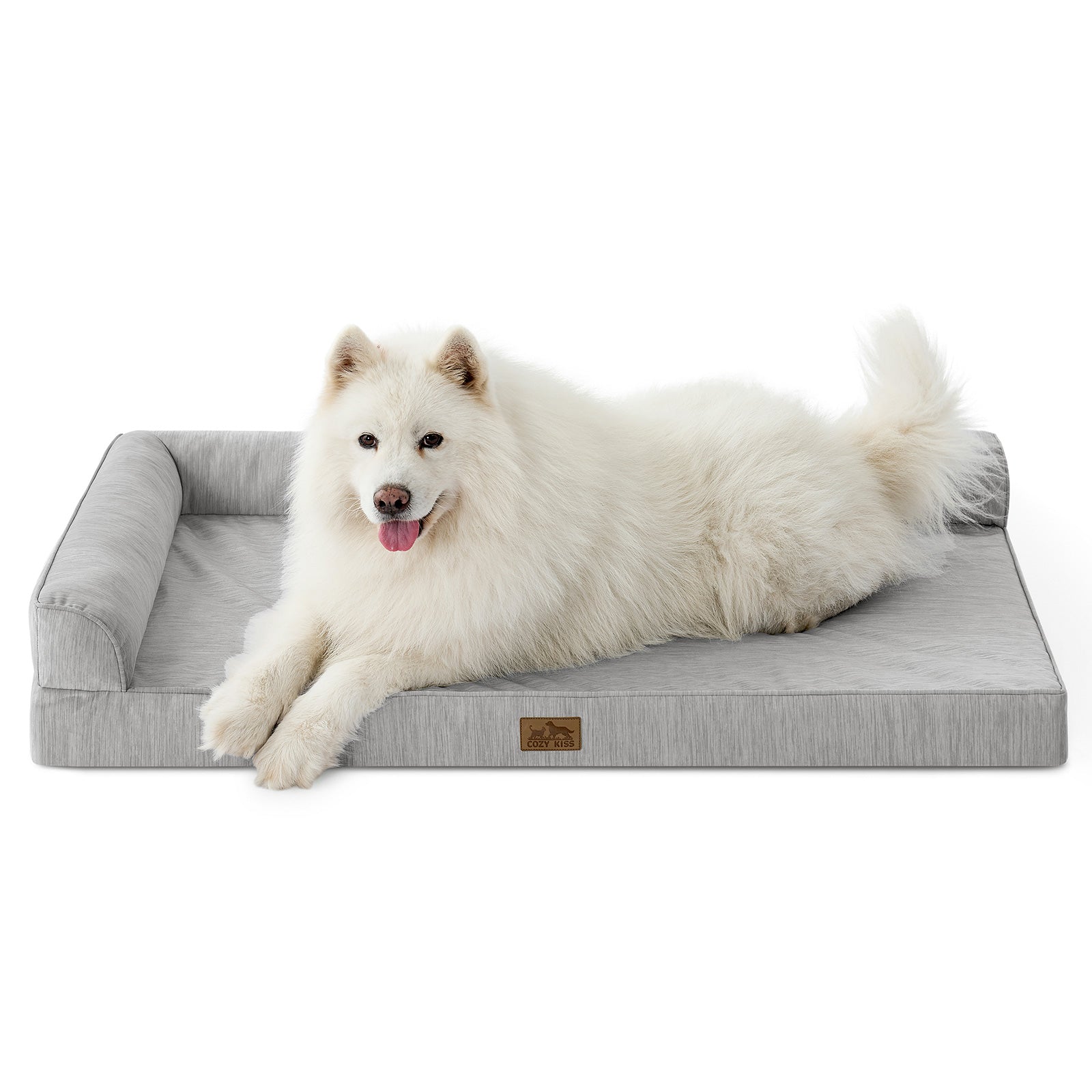 Large white dog lying on a gray pet bed#color_Grey