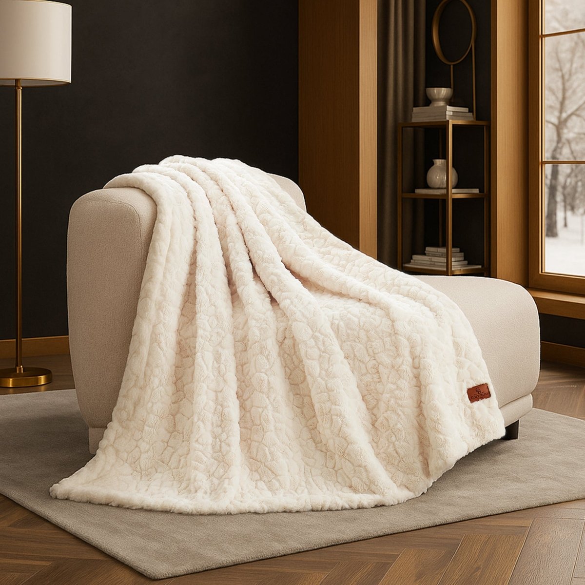 Premium Brushed Faux Fur Throw Blanket draped over a modern accent chair with elegant plush texture #color_Cream White