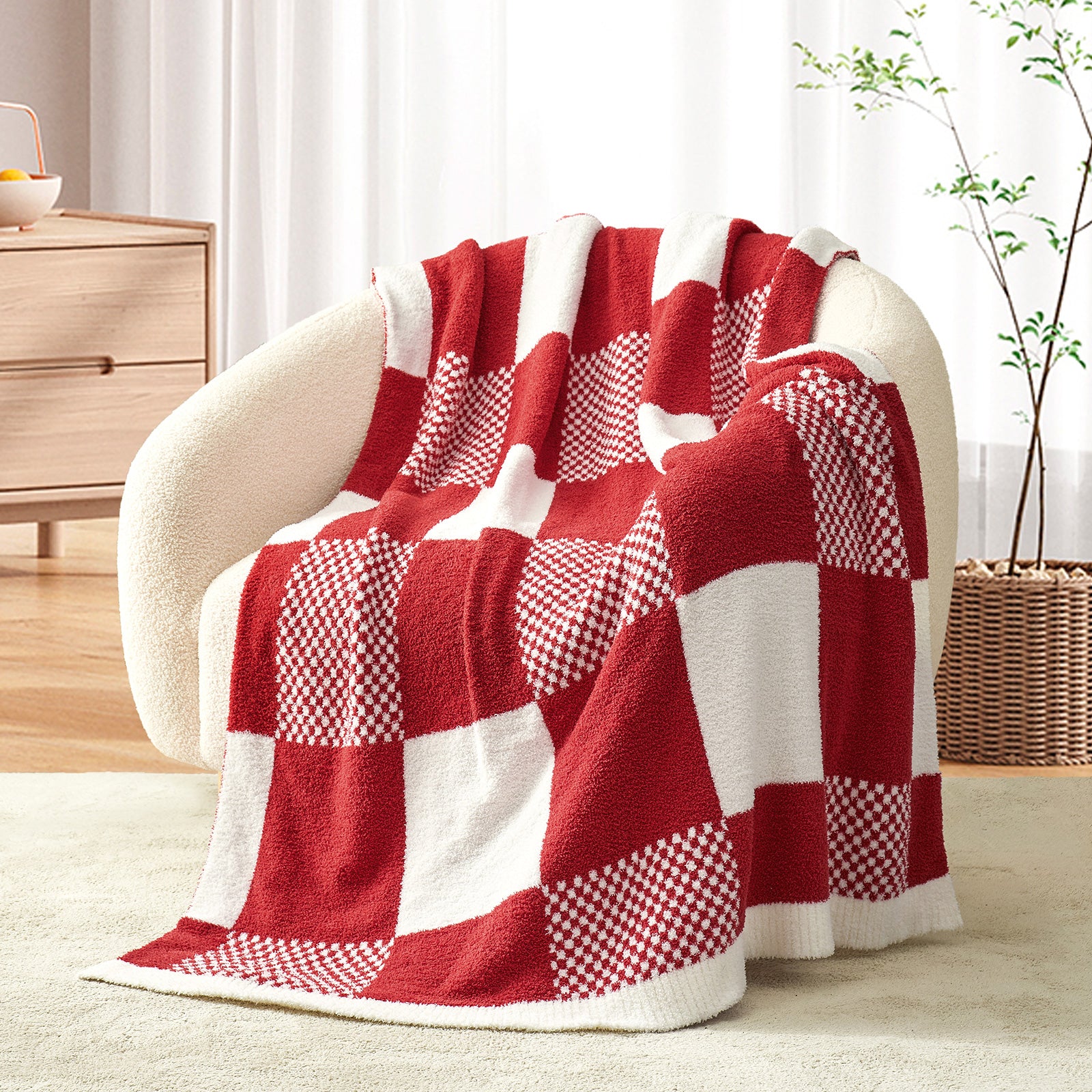 Checkered Feather Yarn Throw Blanket - Romantic Red