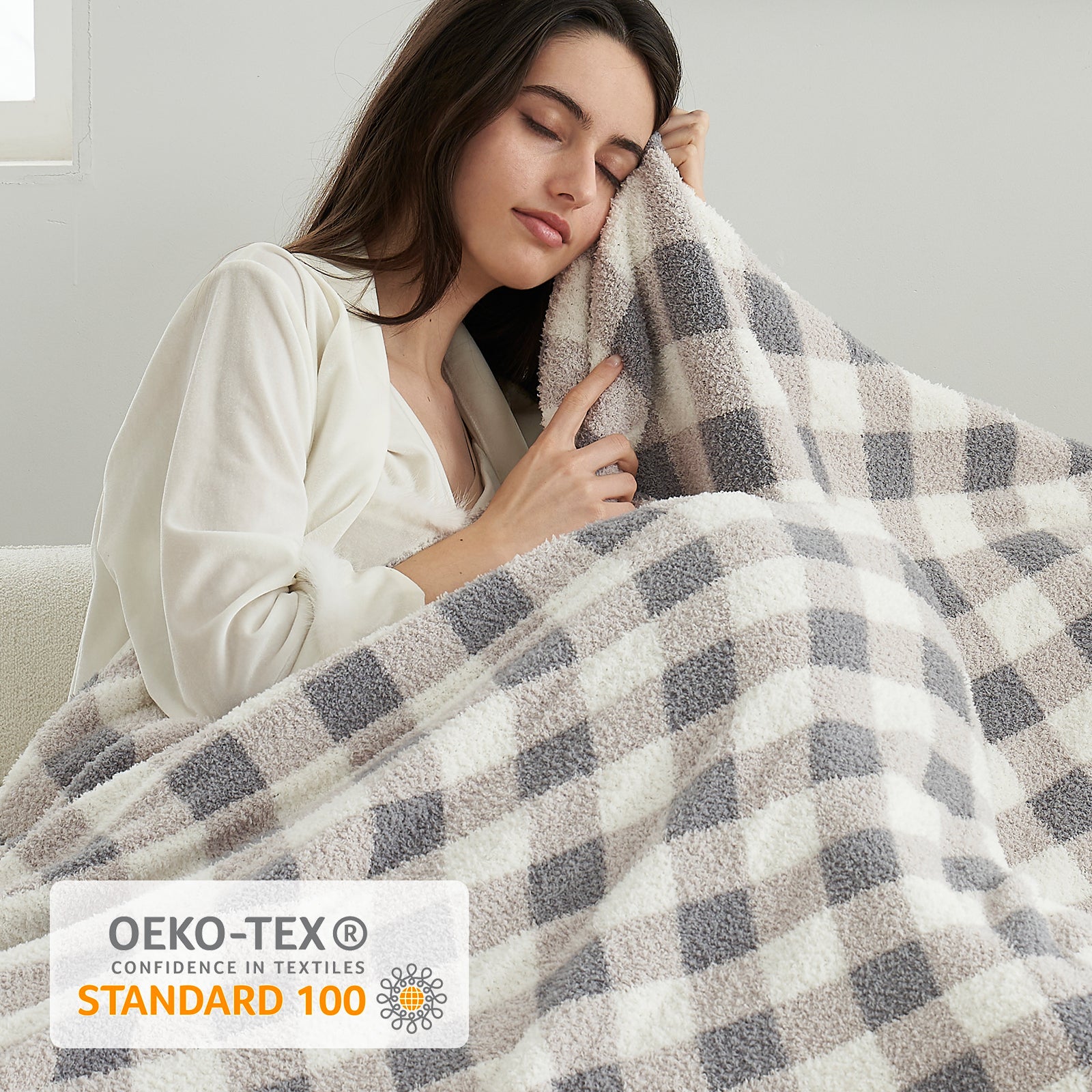 Plaid Knit Feather Yarn Knit Throw Blanket