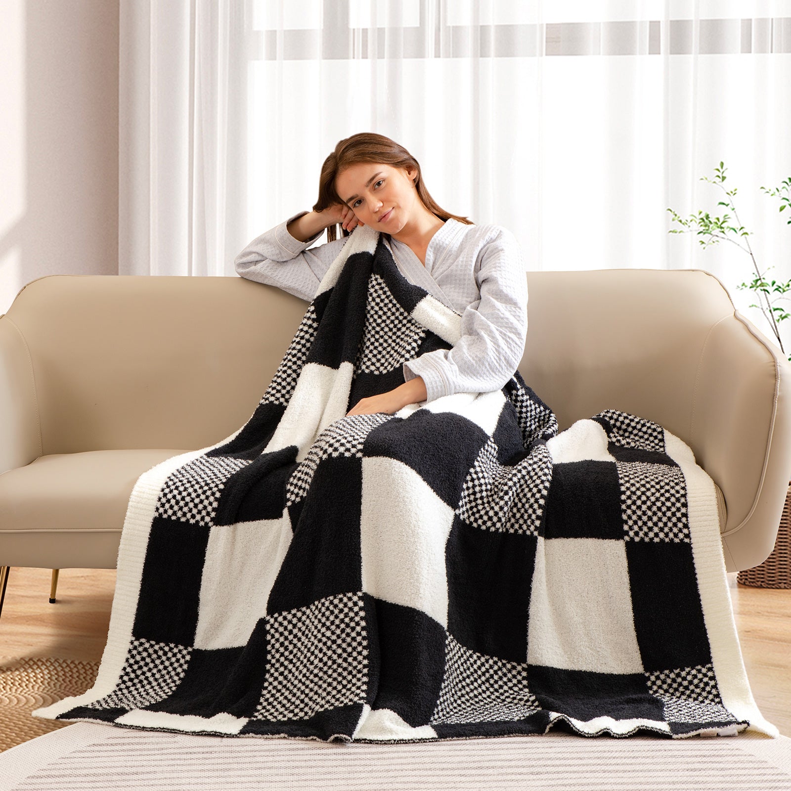 Checkered Feather Yarn Throw Blanket - Romantic Red
