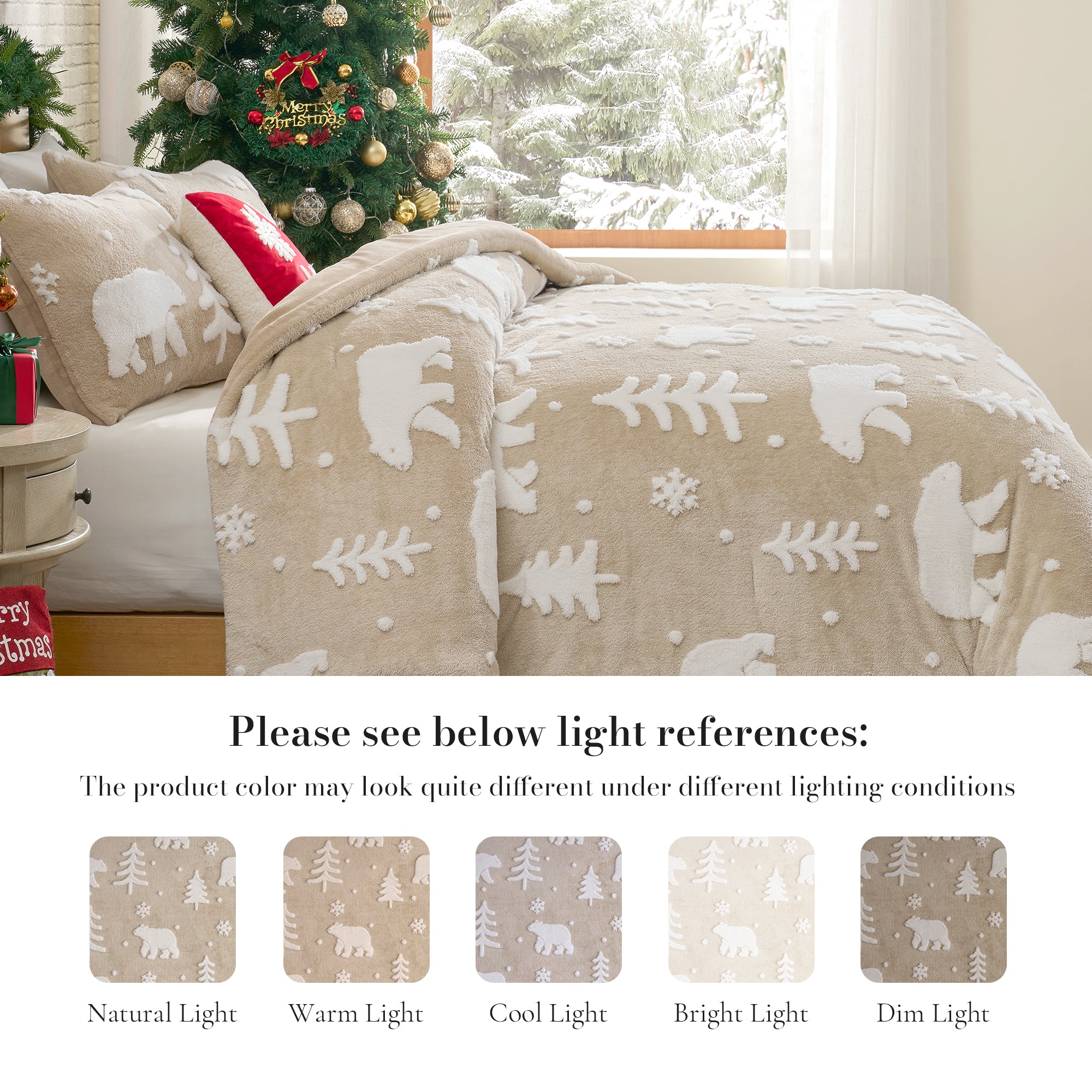 Beige blanket with bear and tree pattern on a bed with Christmas decorations in the background. #Color_Polar Beige