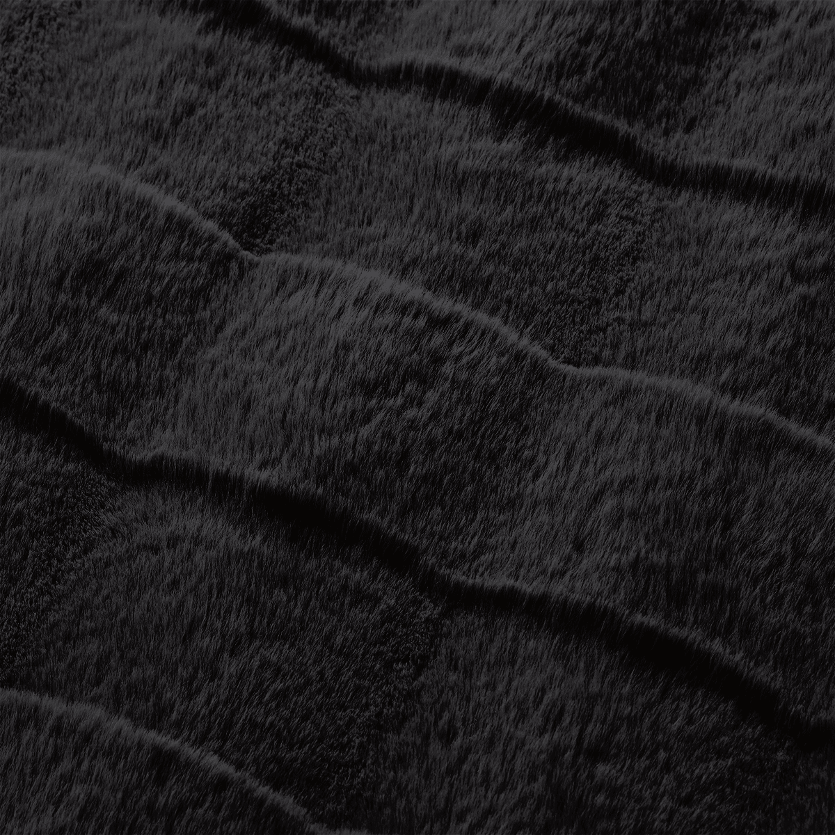 Close-up of a black cross-striped faux fur throw blanket fabric. #Color_Black