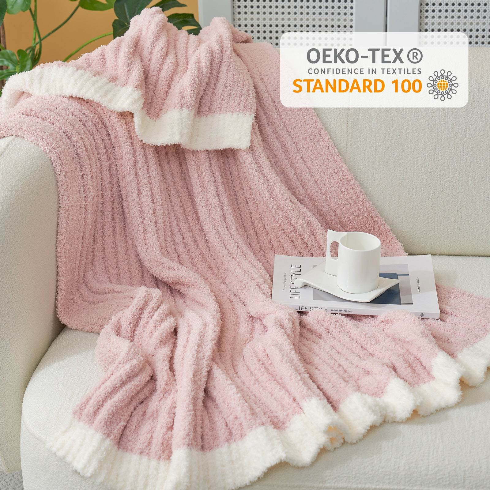 Reversible Soft Ribbed Feather Yarn Throw Blanket