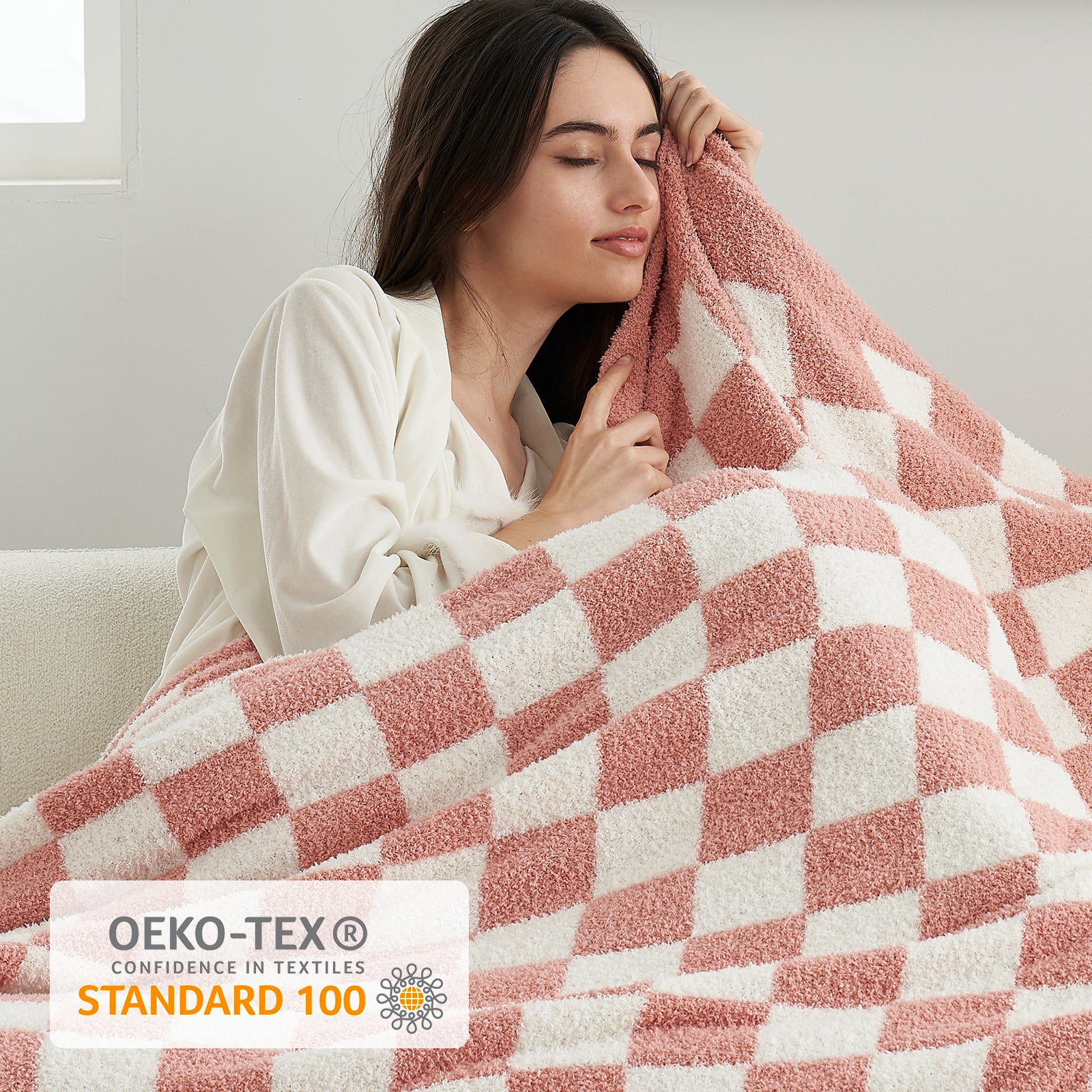 Checkered Feather Yarn Knit Throw Blanket