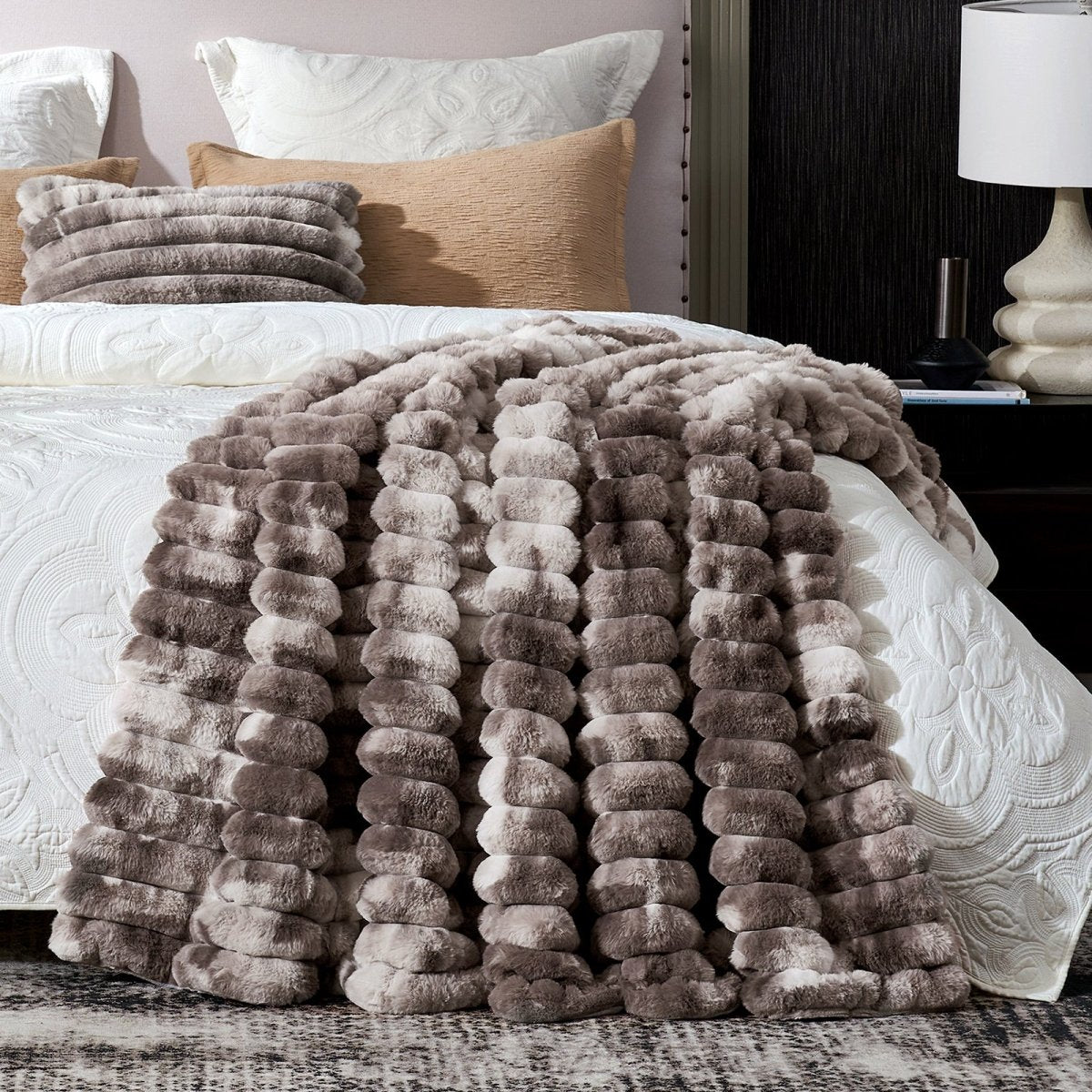 Cozy Bliss Ultra Chunky Striped Faux Fur Throw Blanket in tie-dye taupe front view #color_Tie-dye Taupe