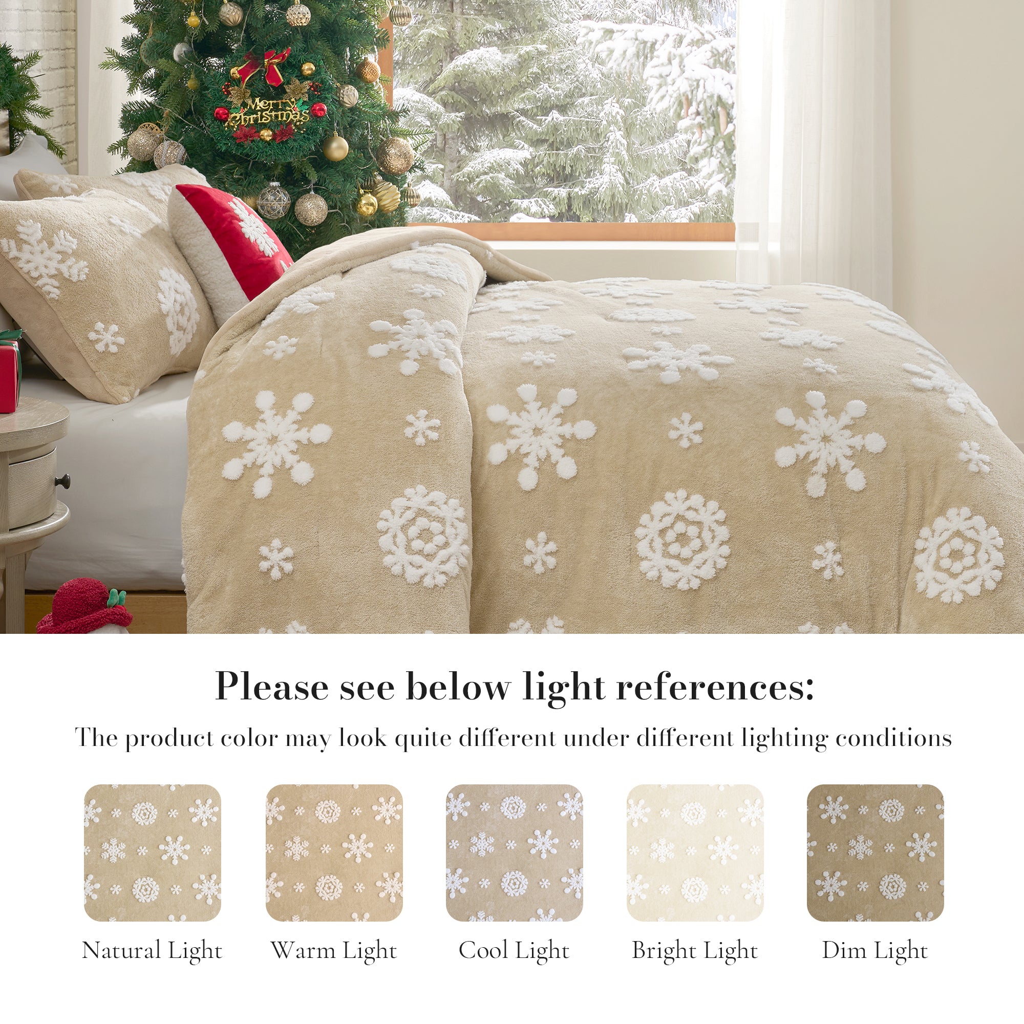 Beige blanket with snowflake pattern on a bed in a room decorated for Christmas. #Color_Snowflake Beige
