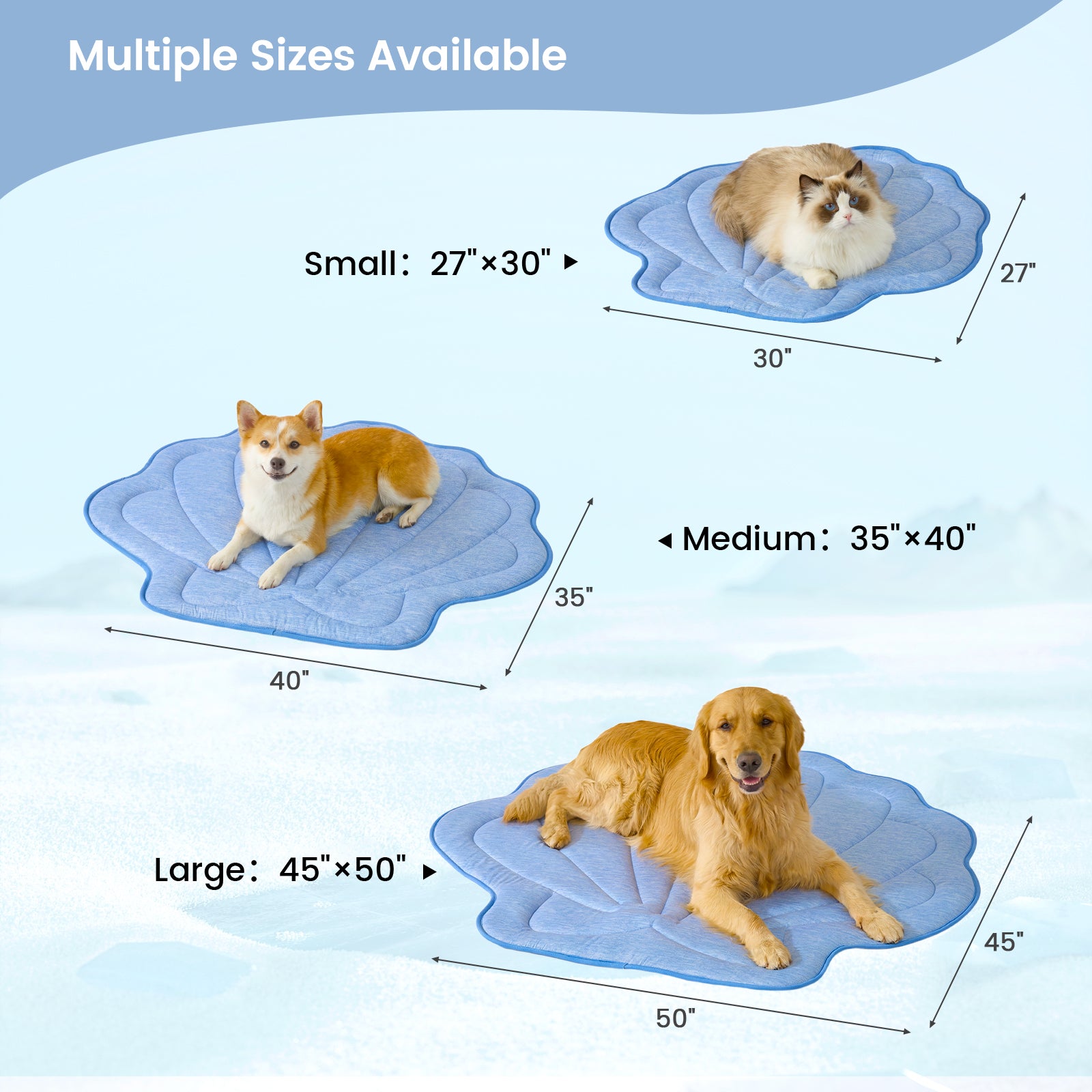 Pet cooling pad with dimensions for small, medium, and large sizes on a light blue background.#color_Misty Blue