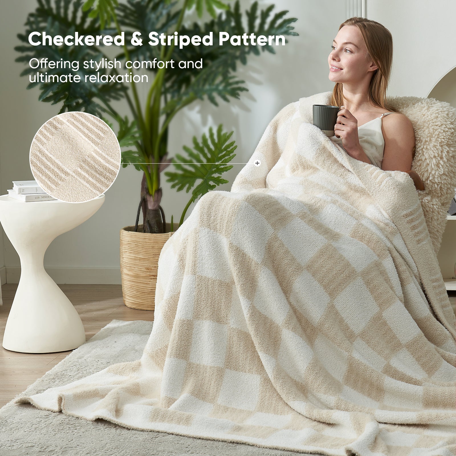 Reversible Heather Checkered Feather Yarn Throw Blanket