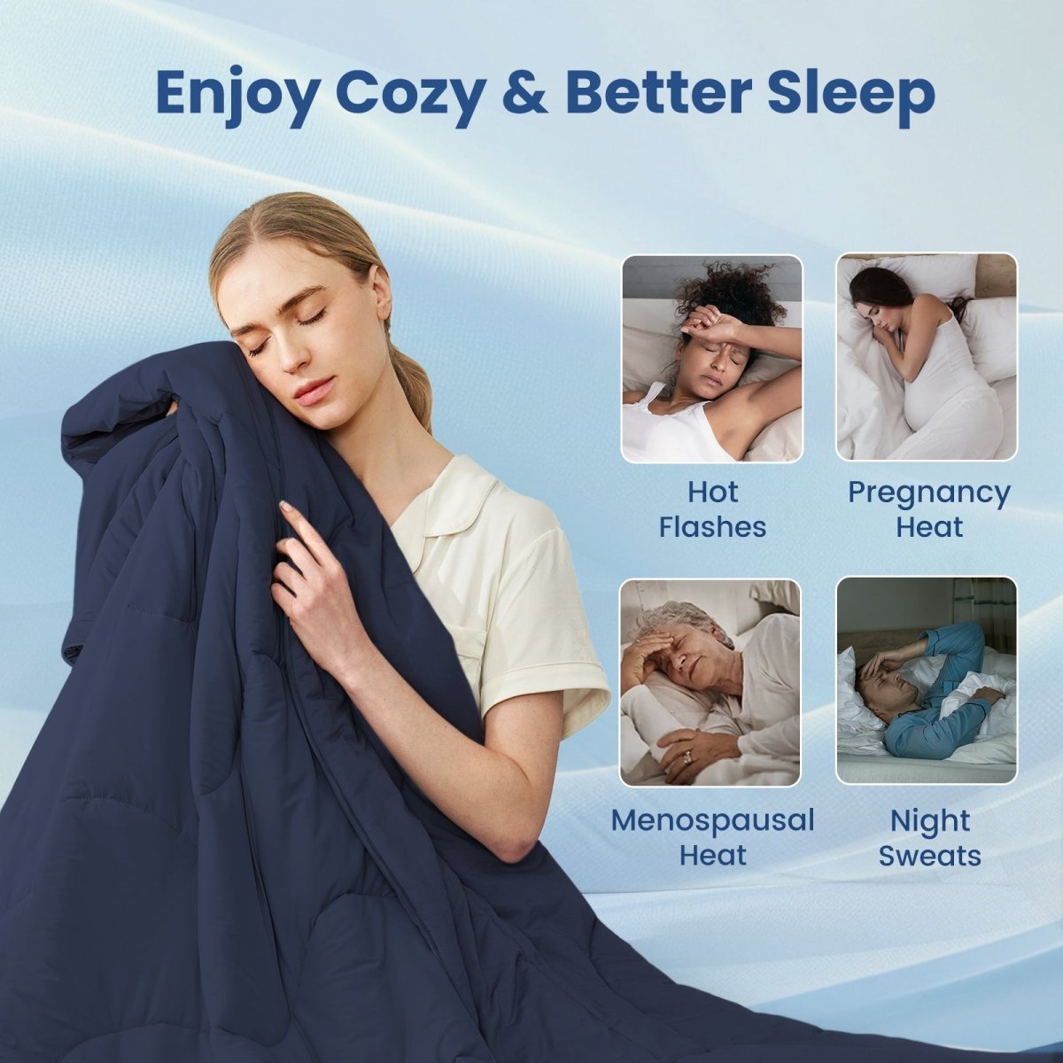 Cooling comforter for hot sleepers, woman enjoying soft breathable comfort with relief from night sweats and body heat.#Color_Navy Blue