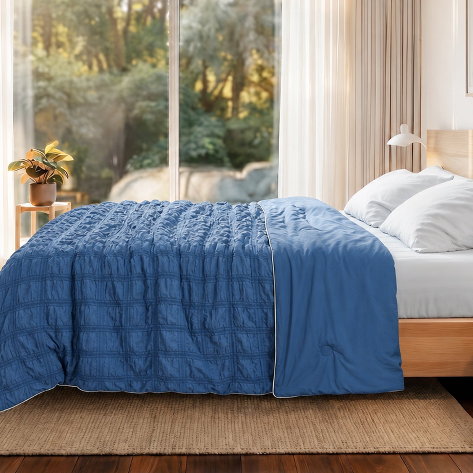 Cozy Bliss lightweight seersucker cooling comforter in side view, perfect for hot sleepers.#color_Dark Blue