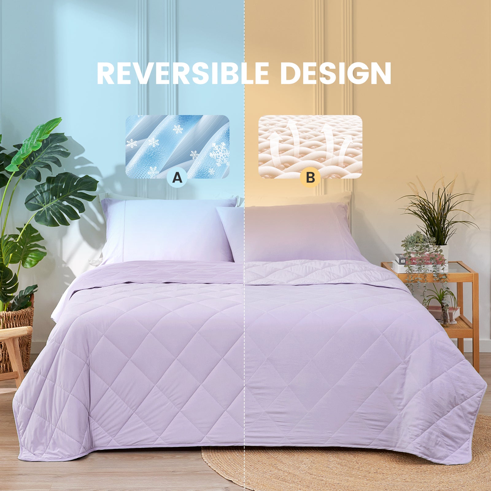 Reversible quilt shown in two different designs with a bedroom setting.  #color_Purple