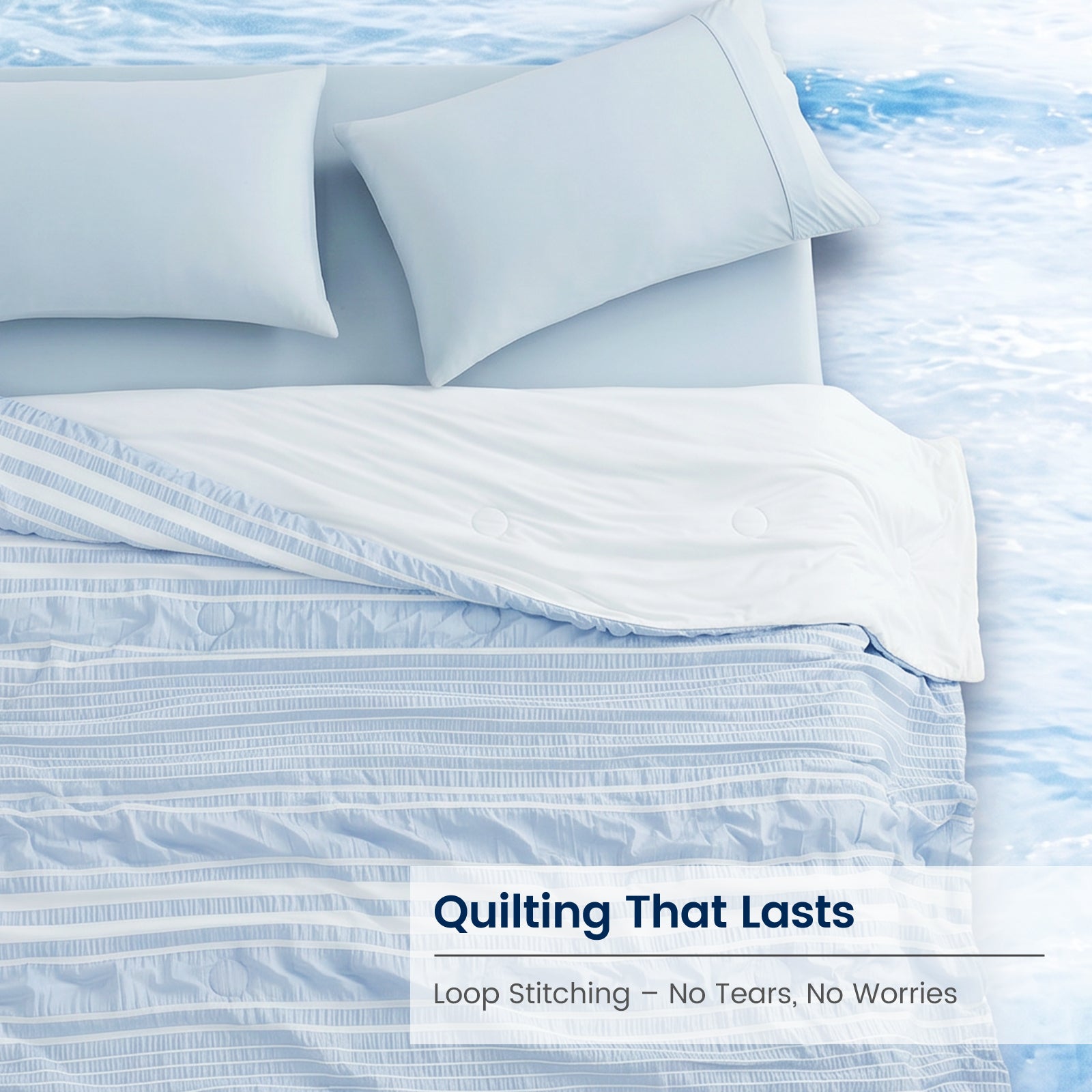 Cooling comforter in Sky Blue with durable quilting and striped seersucker texture #color_Sky Blue