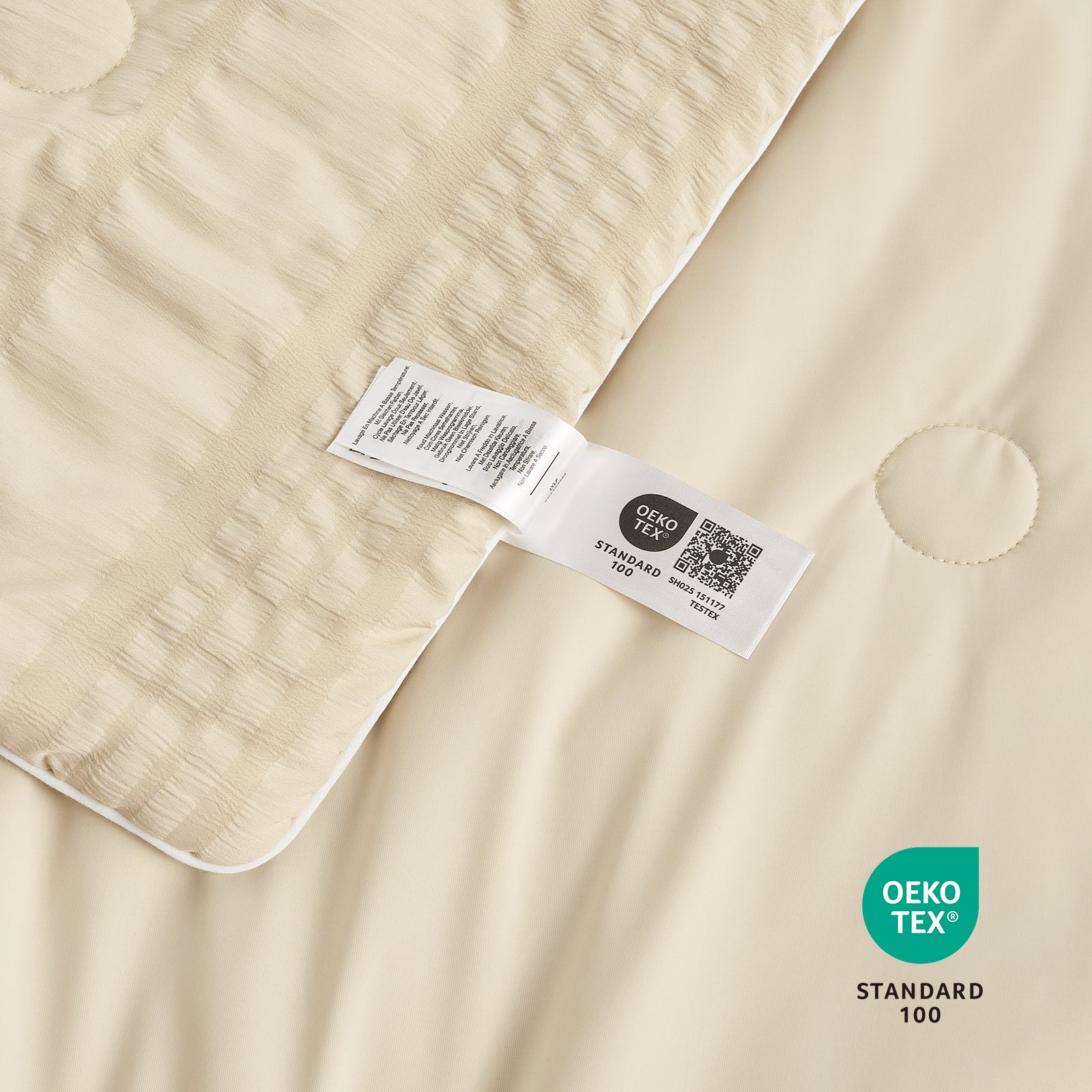 Close up of khaki seersucker cooling fabric with OEKO-TEX Standard 100 certification.#color_khaki