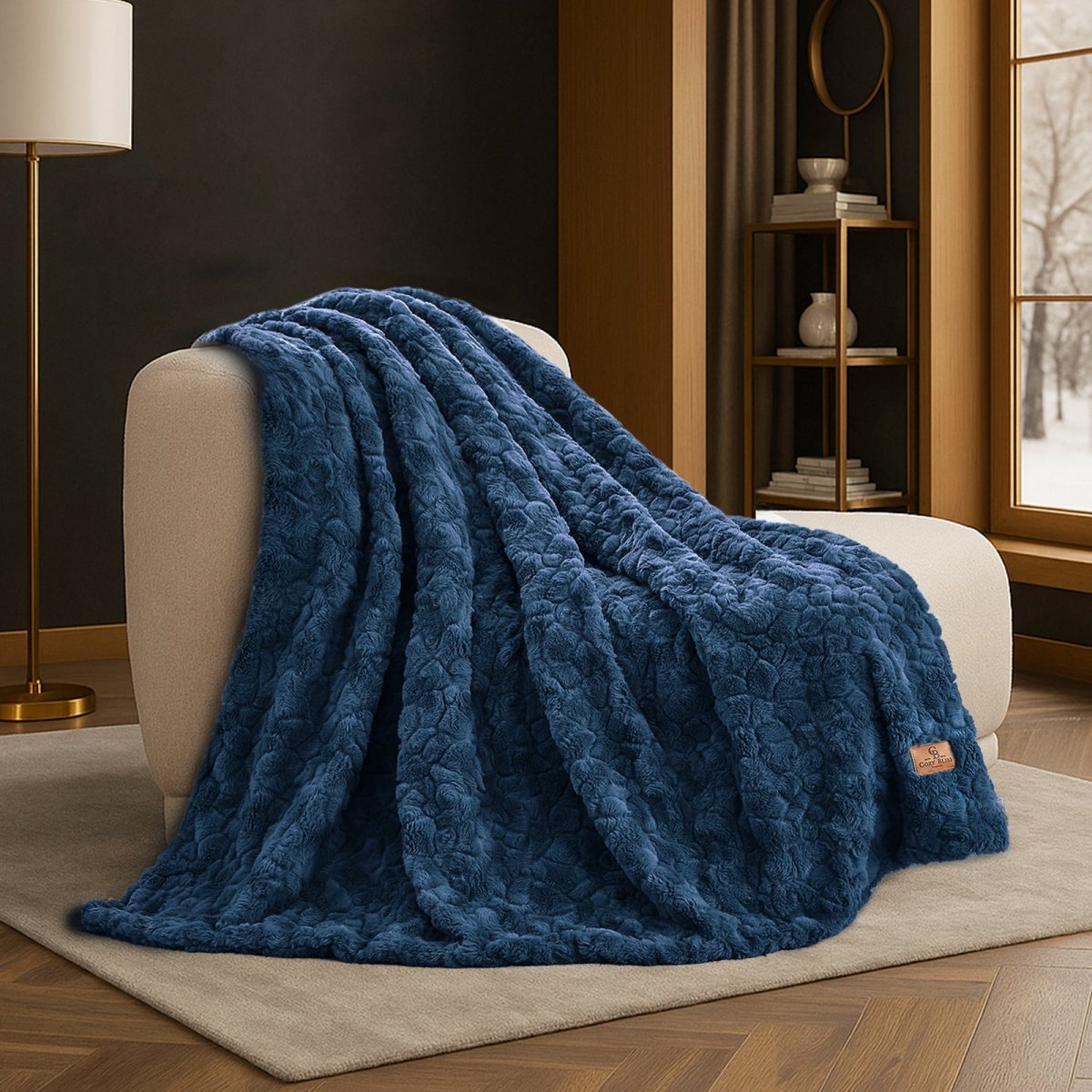 Premium Brushed Faux Fur Throw Blanket draped over a modern accent chair with elegant plush texture #color_Navy Blue