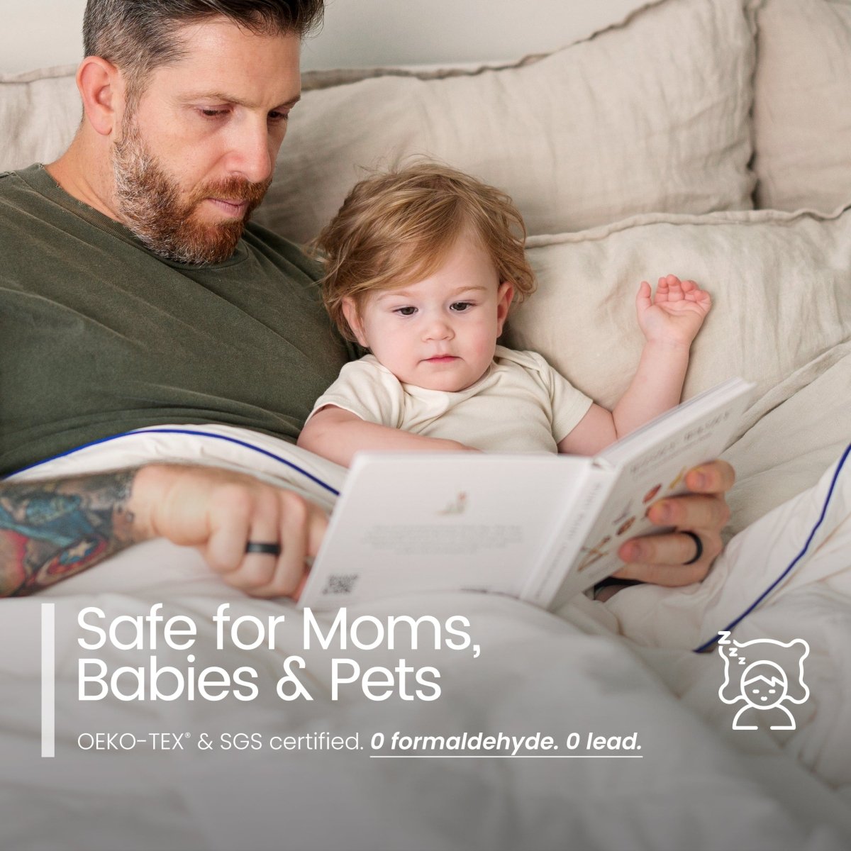 Man reading a book to a child on a bed with text about product safety for moms, babies, and pets.#color_Ivory