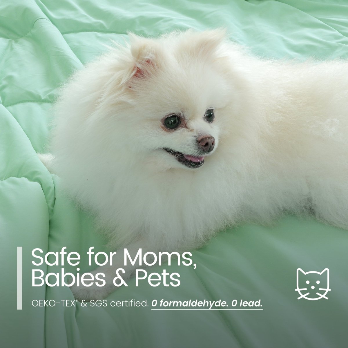 White fluffy dog lying on a light green comforter with text about product safety for moms, babies, and pets.#color_Mint Macaron