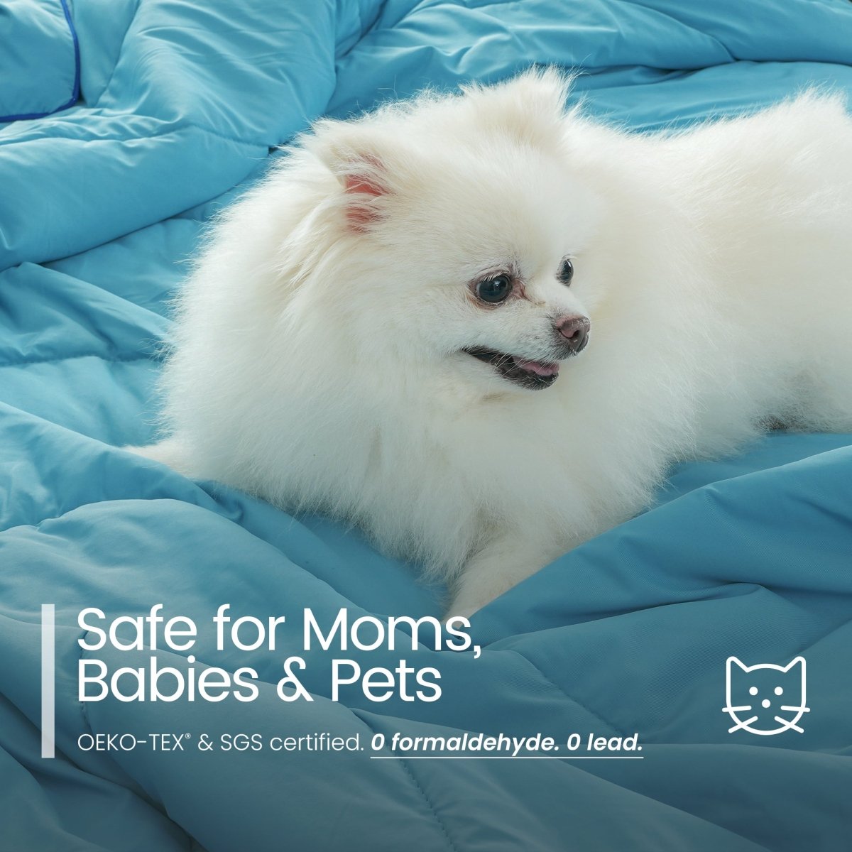 White dog lying on blue comforter with text about product safety for moms, babies, and pets.#color_Dream Blue