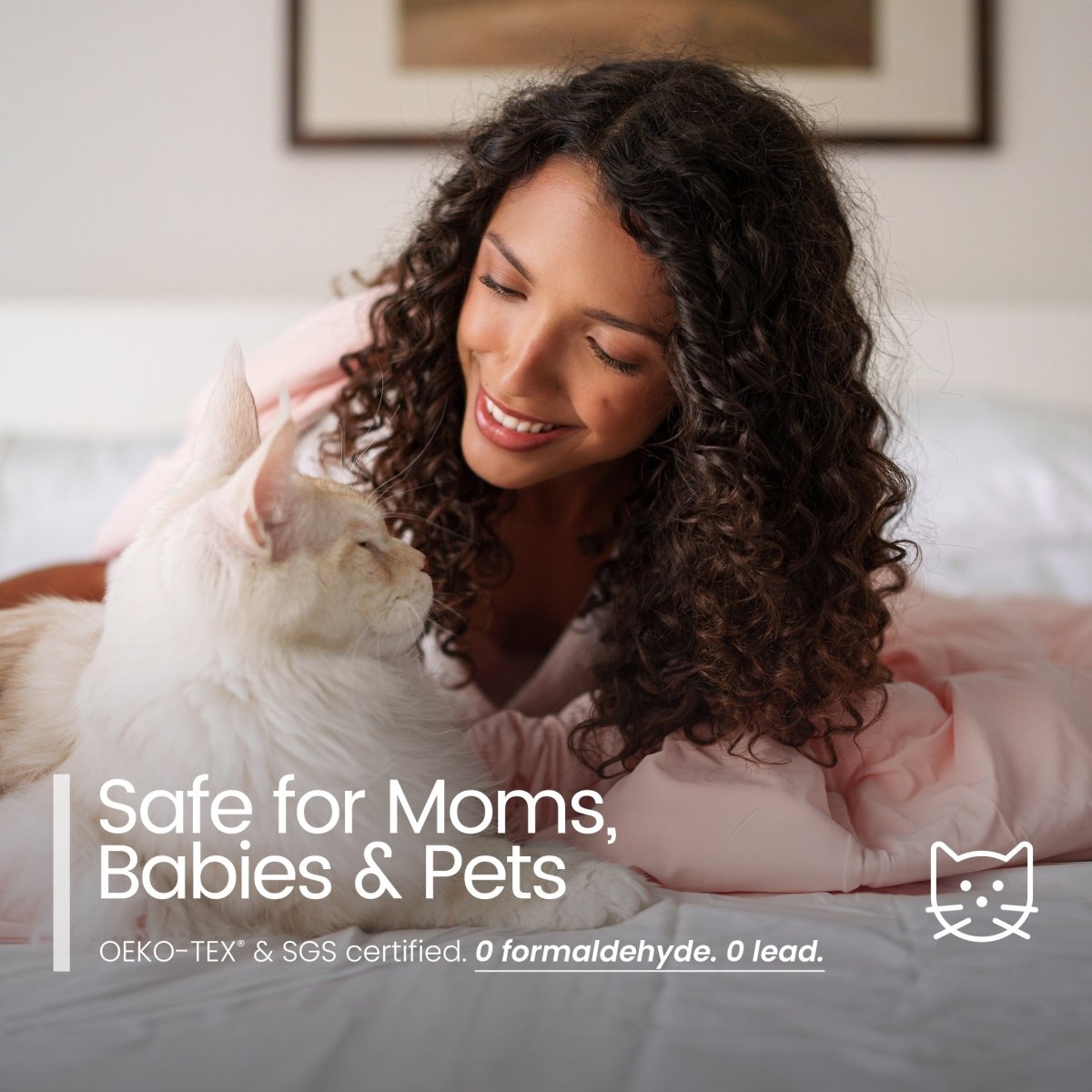 Woman lying on a bed with a white cat, surrounded by text about product safety for moms, babies, and pets.#color_Pink