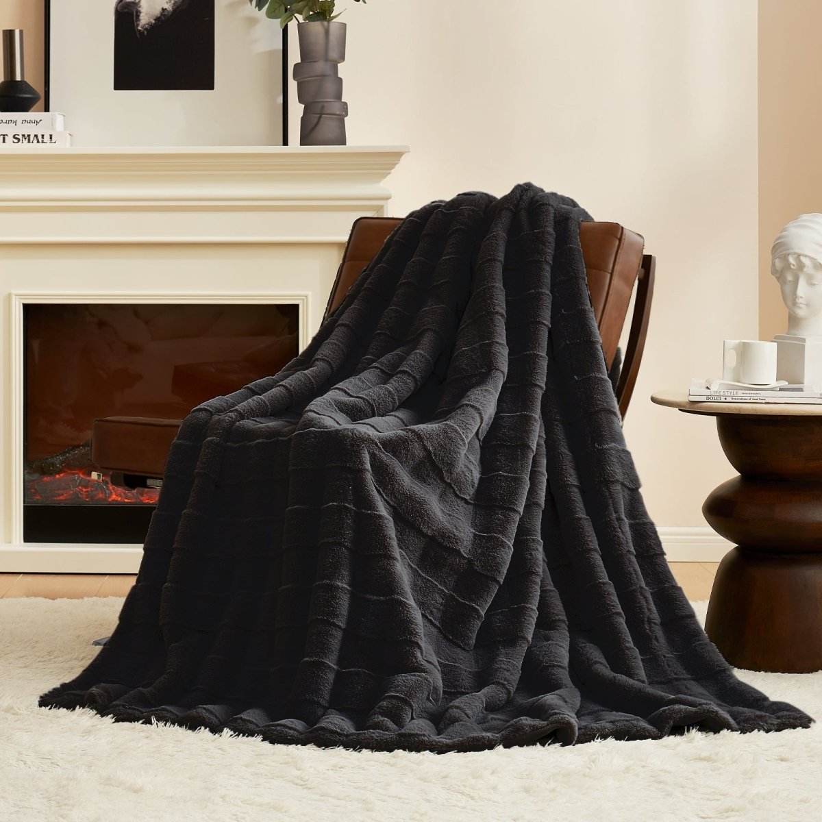 Cozy Bliss Luxurious Cross-Striped Faux Fur Throw Blanket in black front view #color_Black