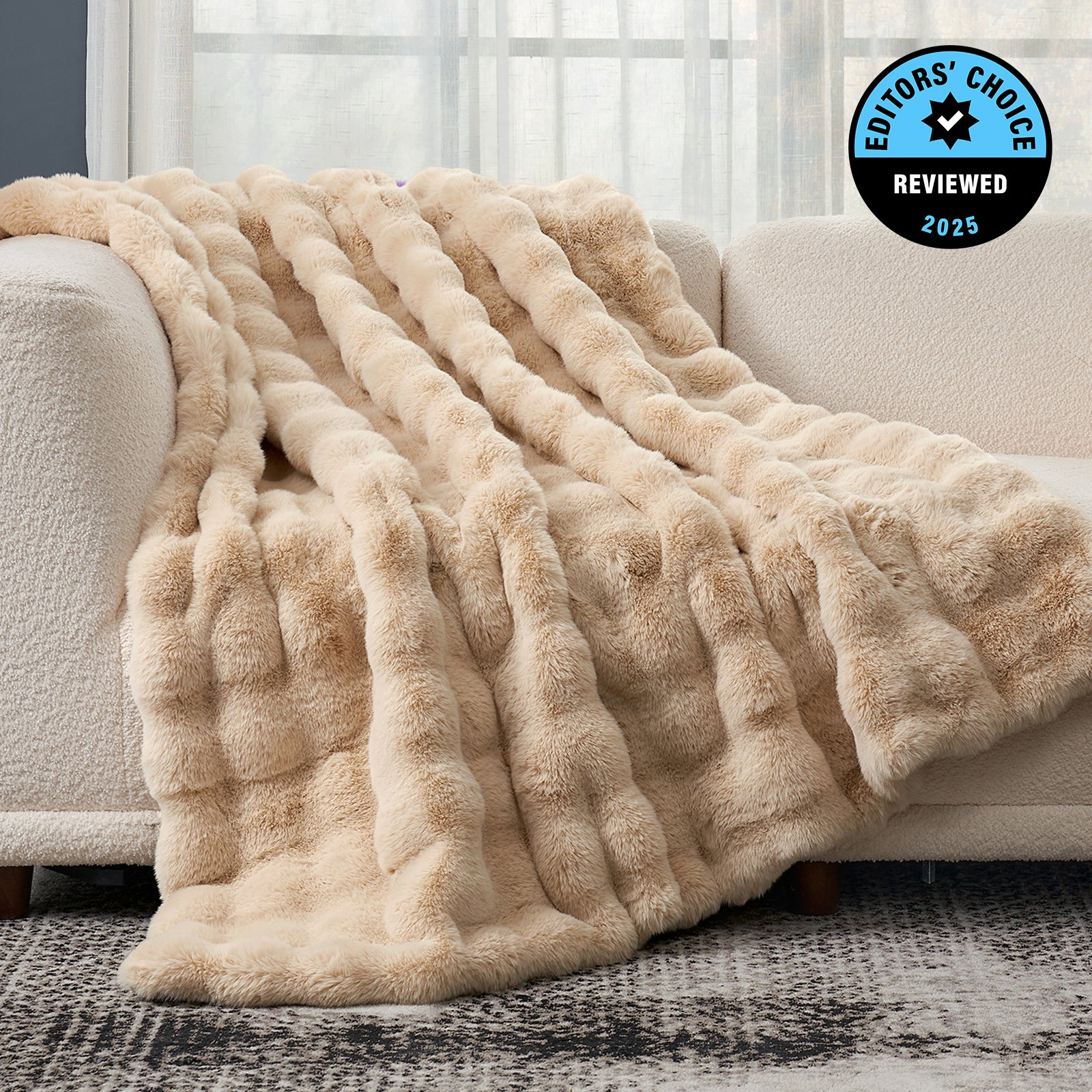 Cozy Bliss Faux Fur Throw Blanket in beige, woman enjoying tea, cozy blanket #color_Beige