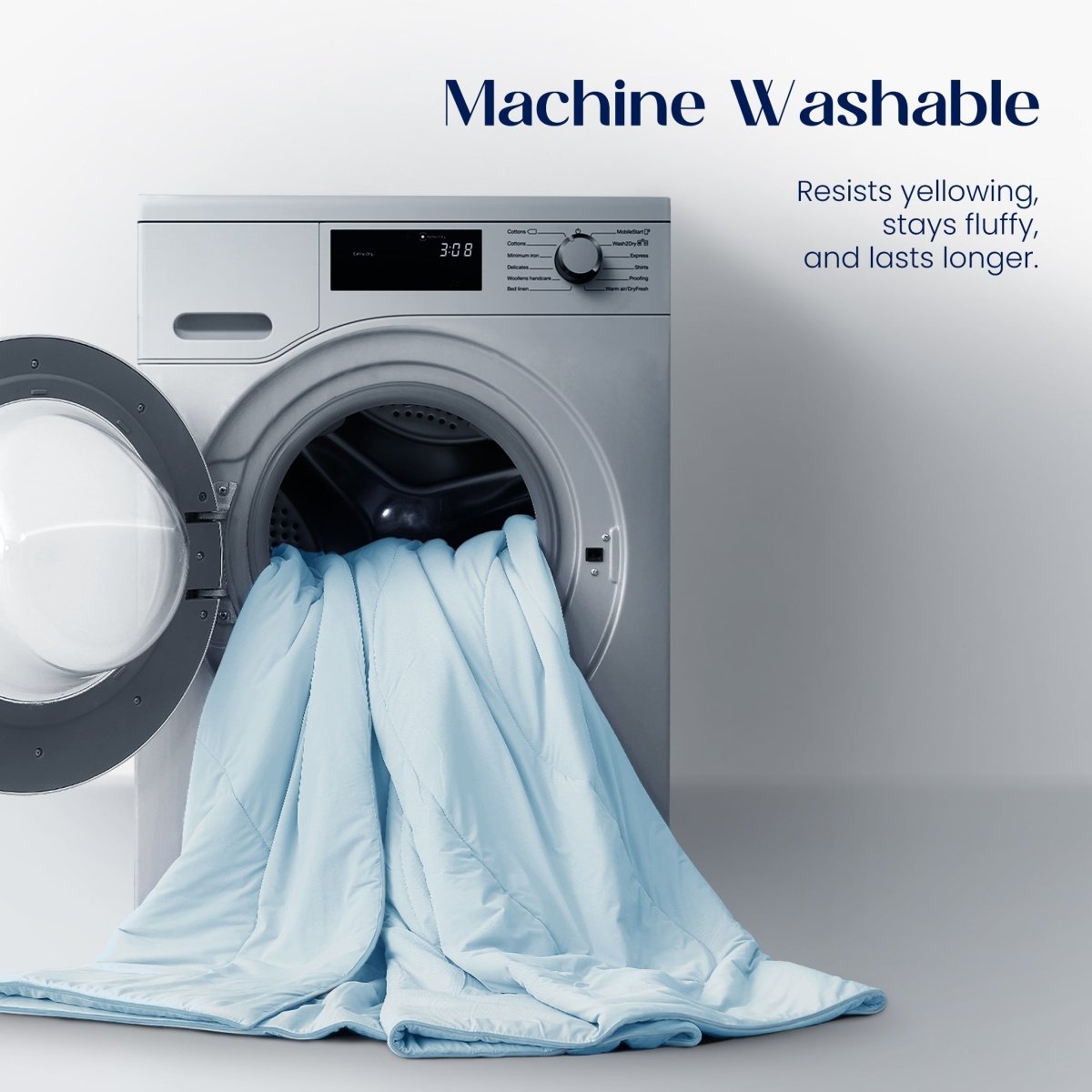 Dryer with a blue towel inside, labeled 'Machine Washable'.#color_Sky Blue