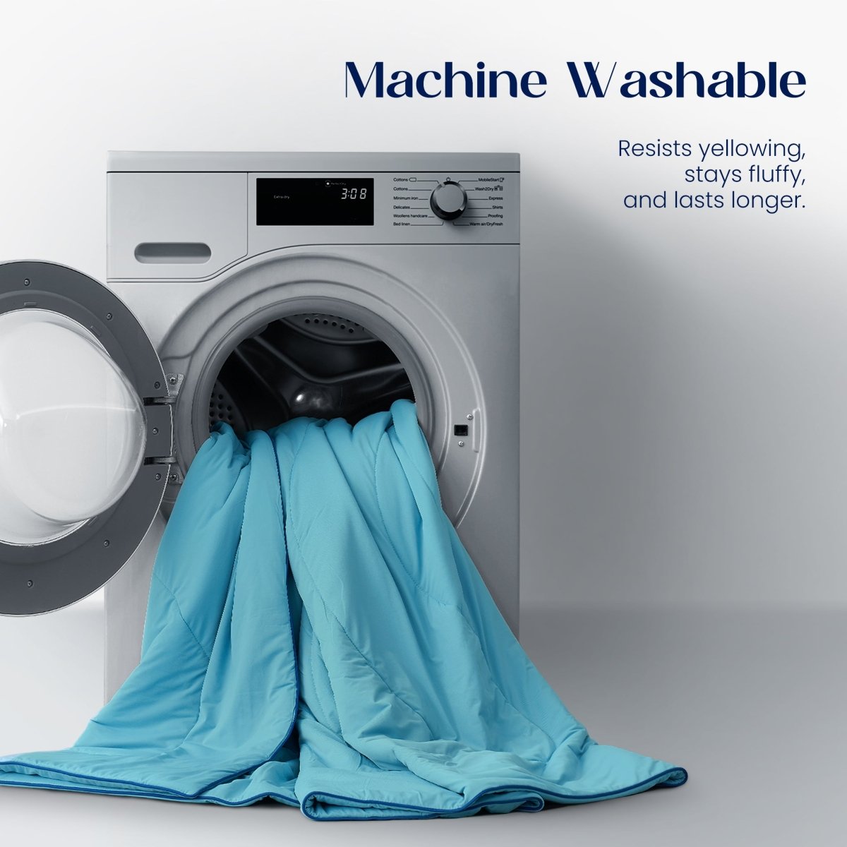 Laundry machine with a blue garment inside, labeled 'Machine Washable'.#color_Dream Blue