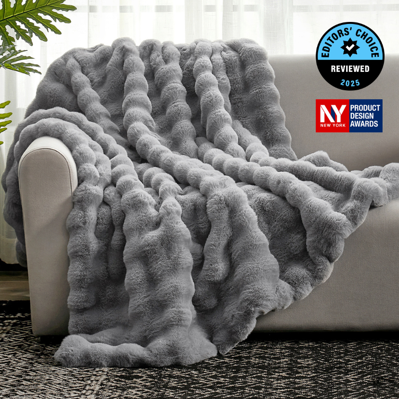 Cozy Bliss Luxurious Bubble Faux Fur Throw Blanket in grey front view #color_Grey