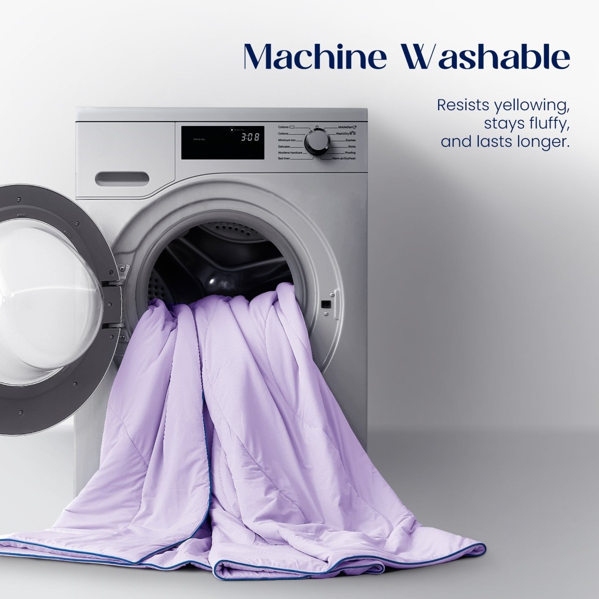 Purple blanket being pulled out of a washing machine with text about machine washability.#color_Purple