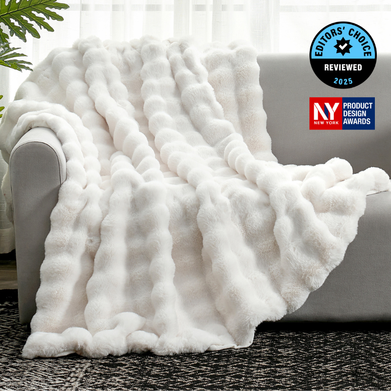 Cozy Bliss Luxurious Bubble Faux Fur Throw Blanket in cream white front view #color_Cream White