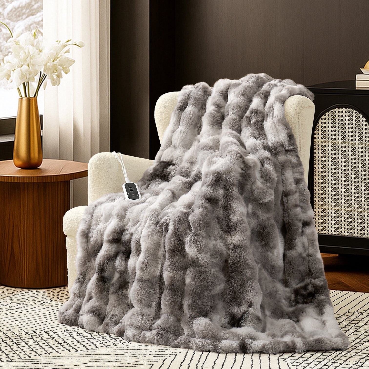 Tie-Dye Taupe Faux Fur Electric Heated Blanket Throw | Cozy Bliss