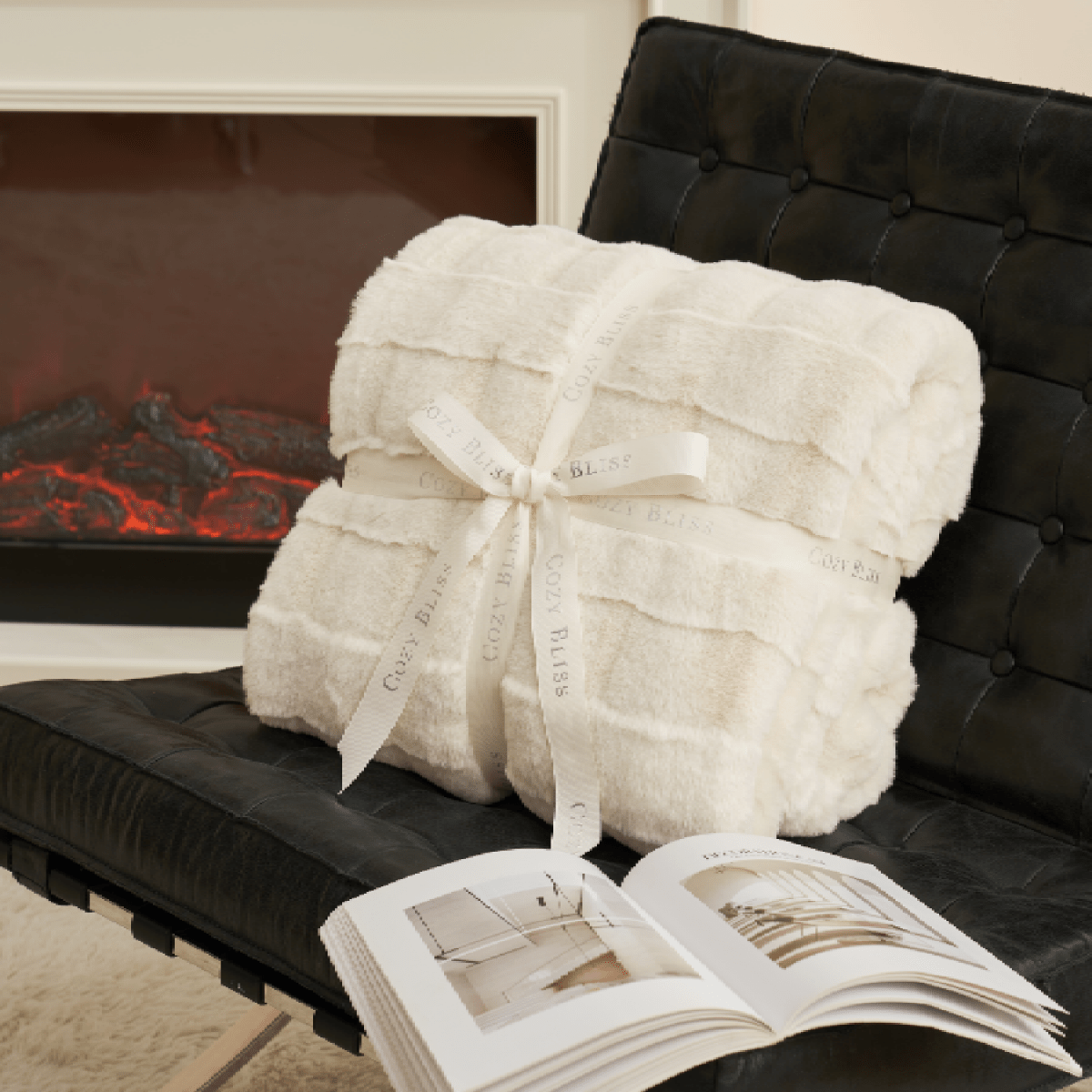 Cozy Bliss cross-striped faux fur blanket, perfect gift #color_Cream White