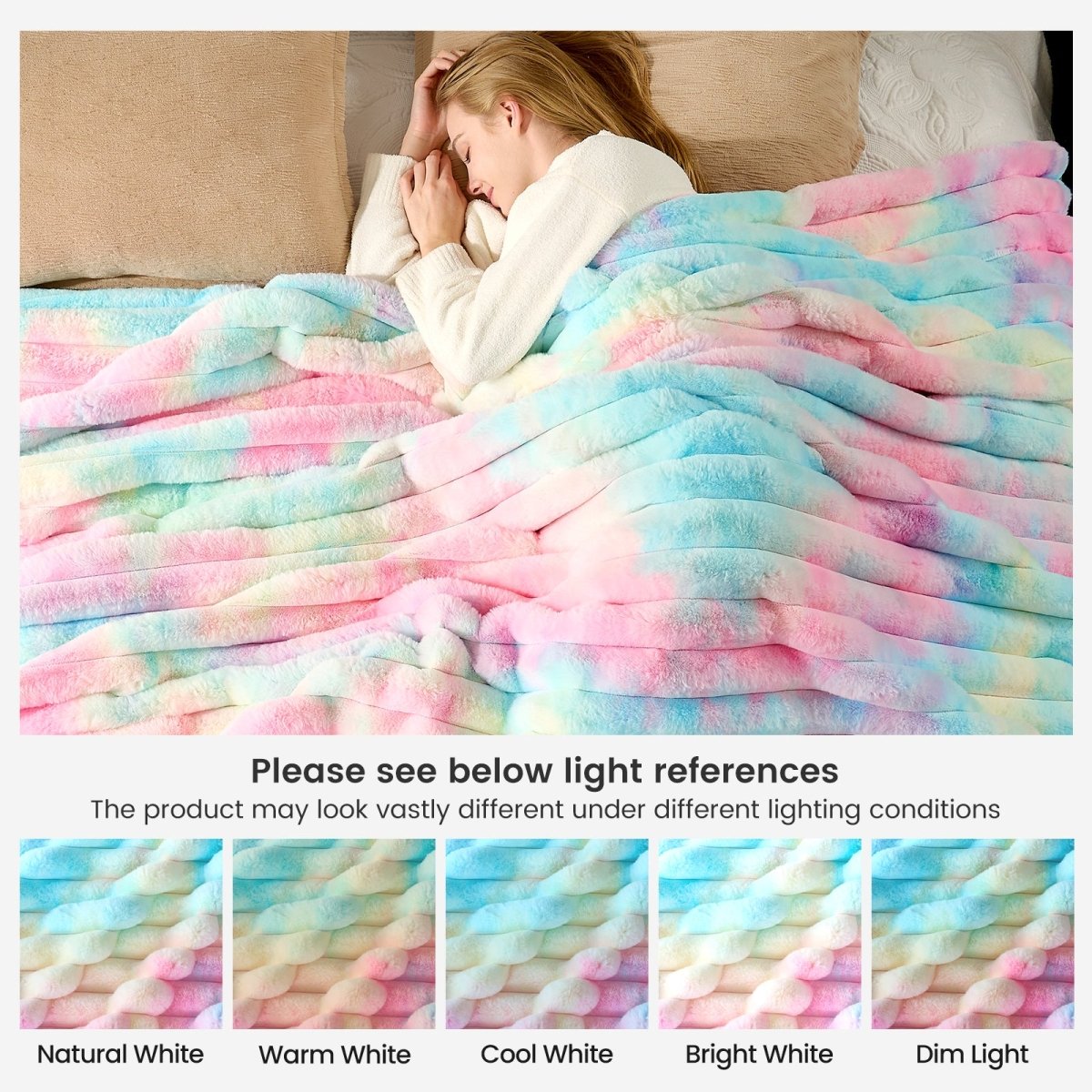Women under a colorful blanket on bed with light reference options displayed. #color_Tie-dye Rainbow