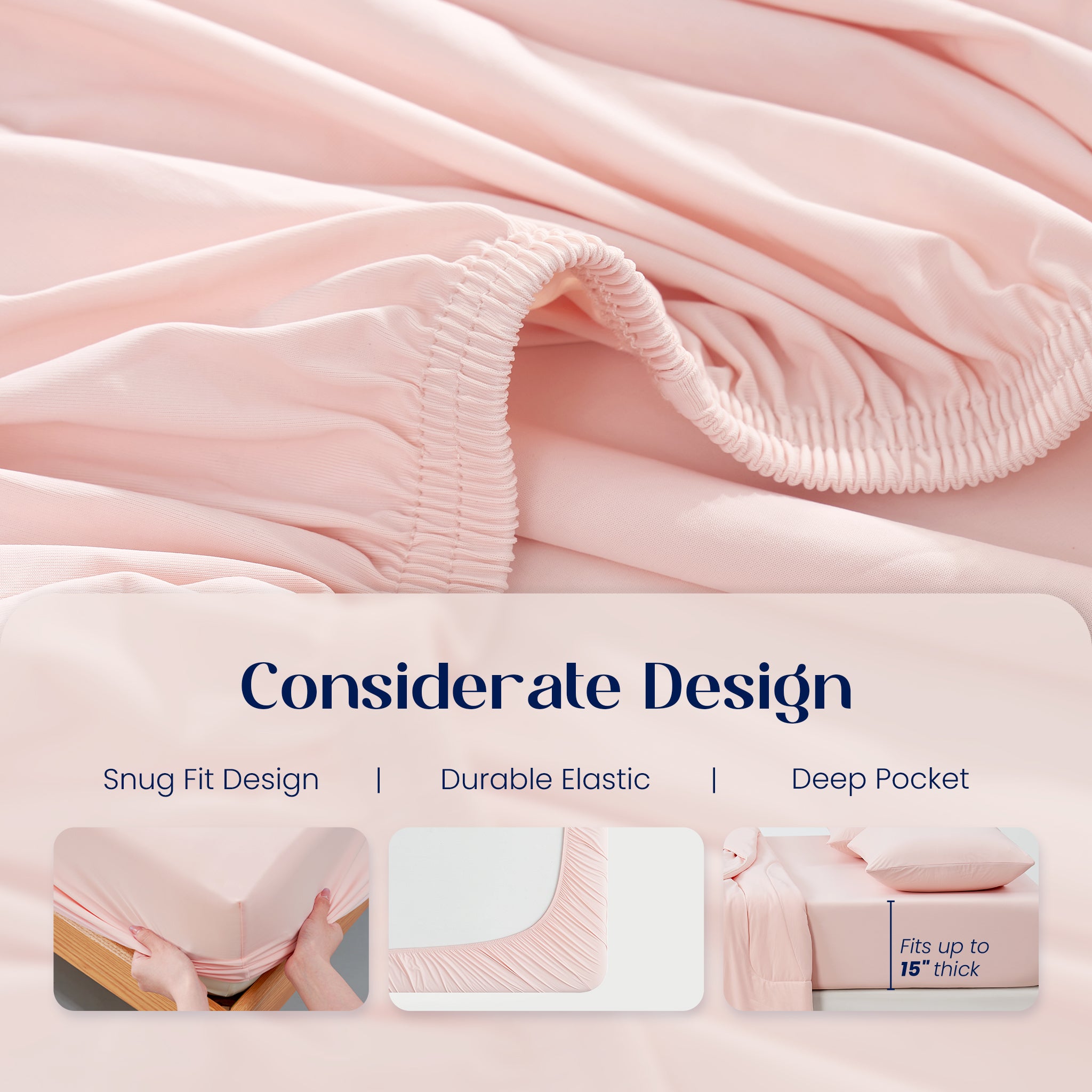 Pink fitted sheet with text highlighting snug fit, durable elastic and deep pocket design.#color_Pink