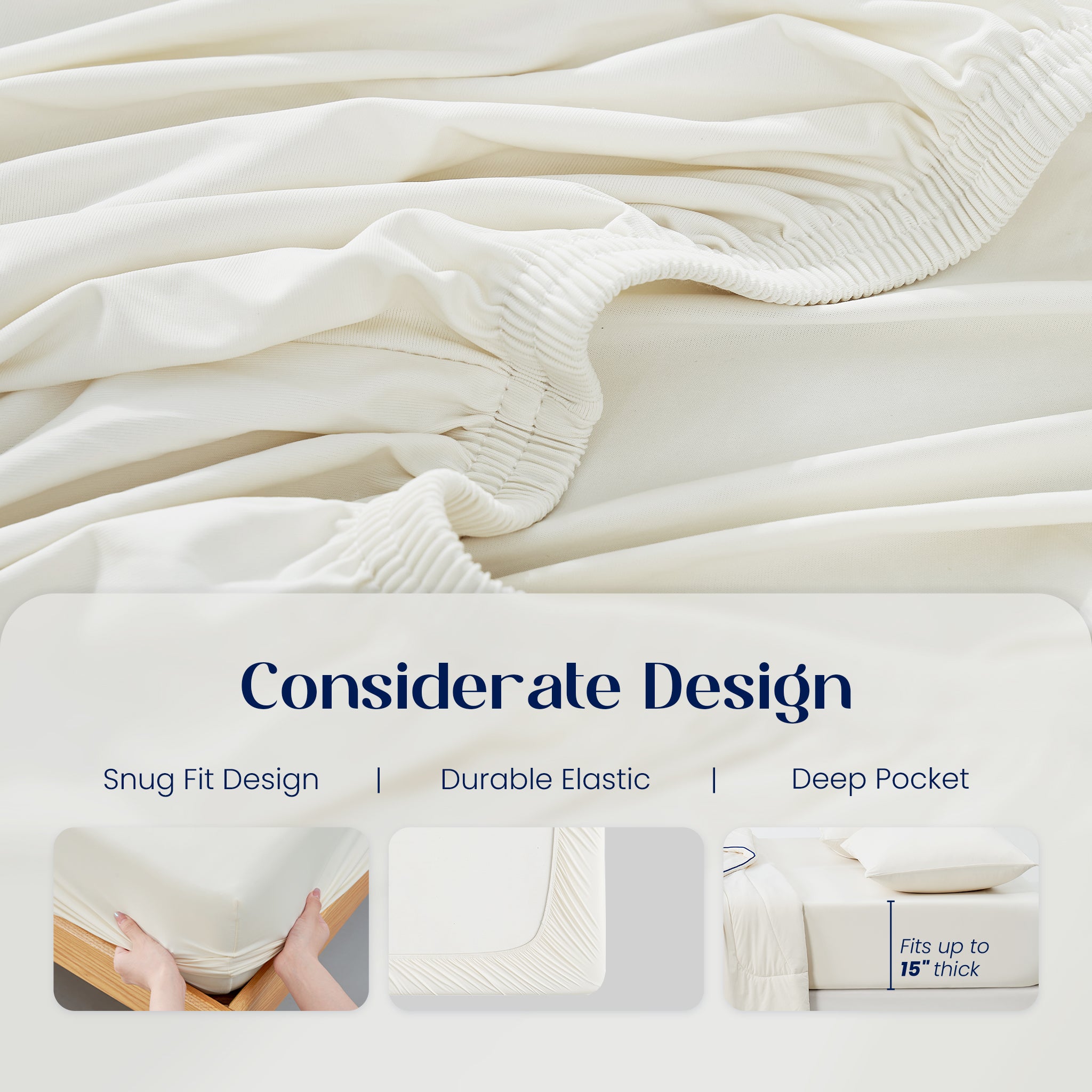 White fitted sheet with text highlighting snug fit, durable elastic and deep pocket design.#color_Ivory