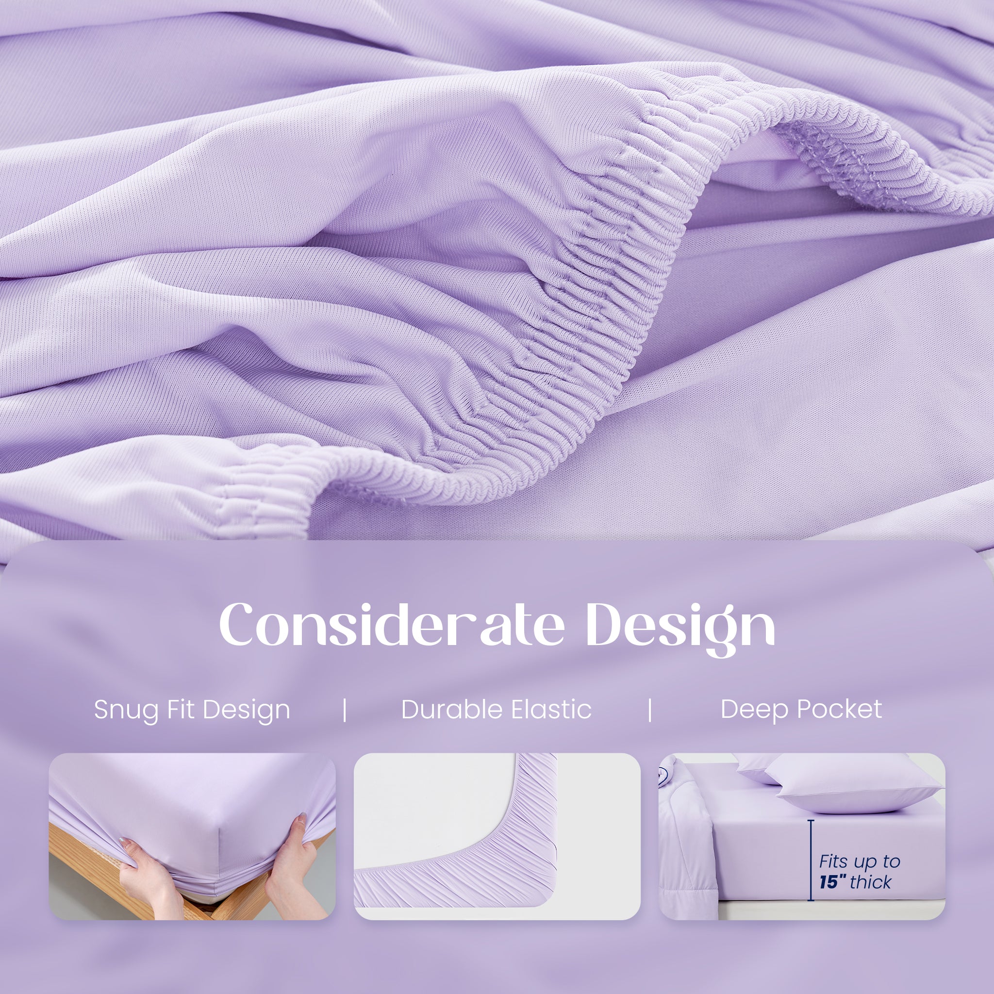 Lavender fitted sheet with text highlighting snug fit, durable elastic and deep pocket design.#color_Purple