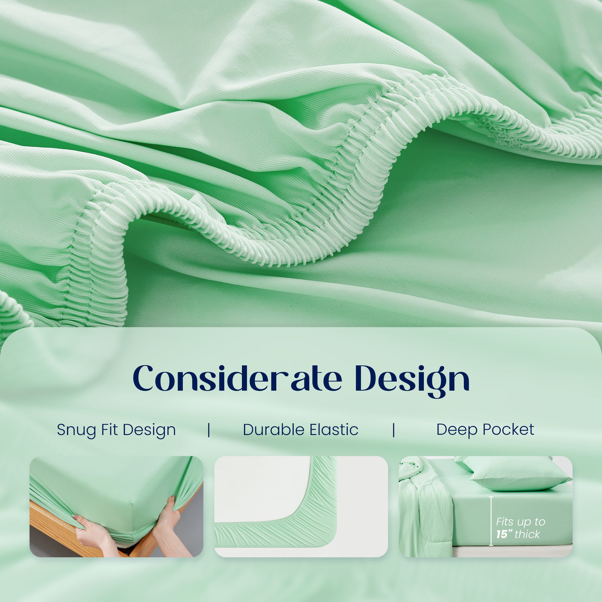 Green fitted sheet with text highlighting snug fit, durable elastic and deep pocket design.#color_Mint Macaron