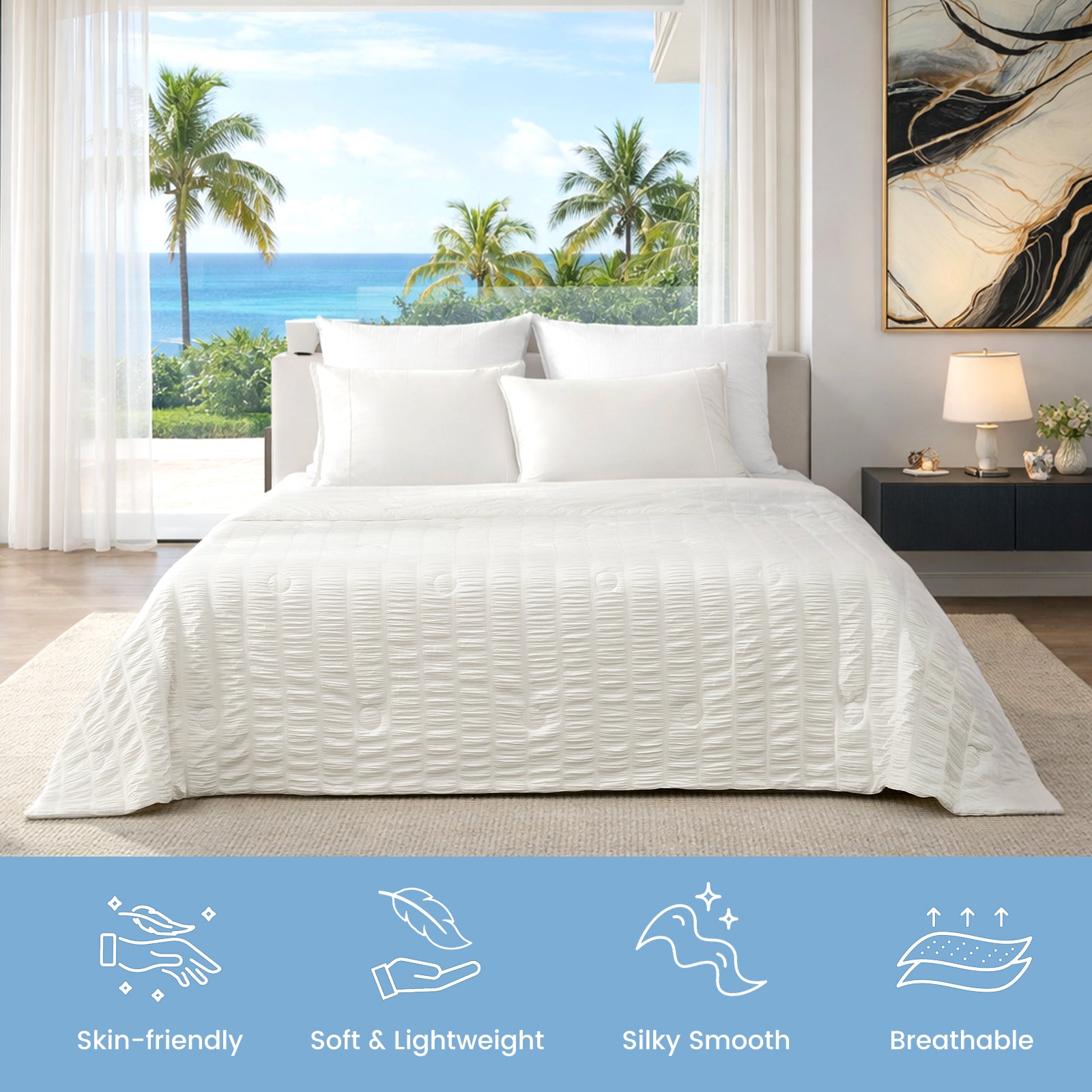 The features of Cozy Bliss white vertical striped seersucker cooling comforter #color_White