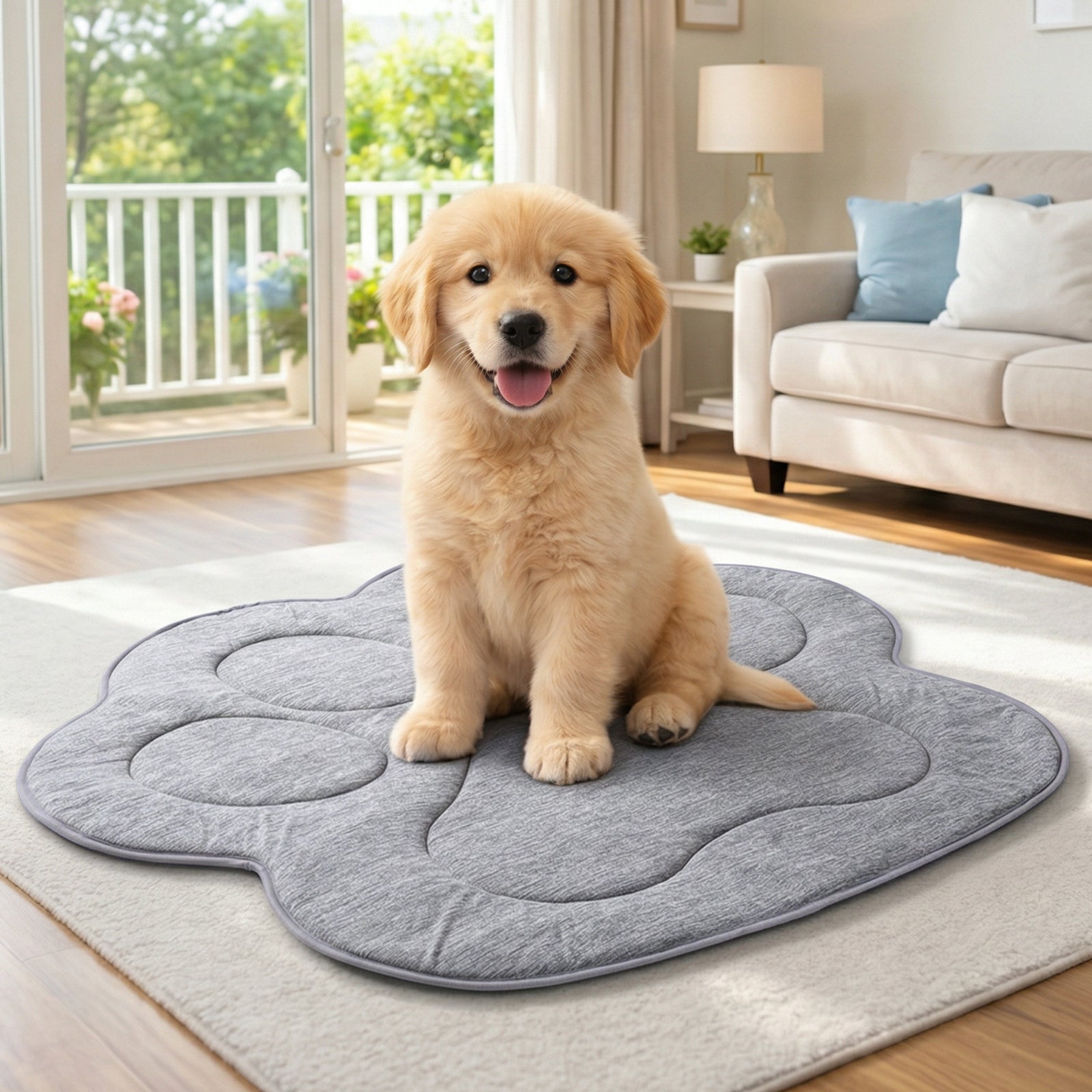 Puppy sitting on a cloud-shaped mat in a living room.#color_Charcoal Grey