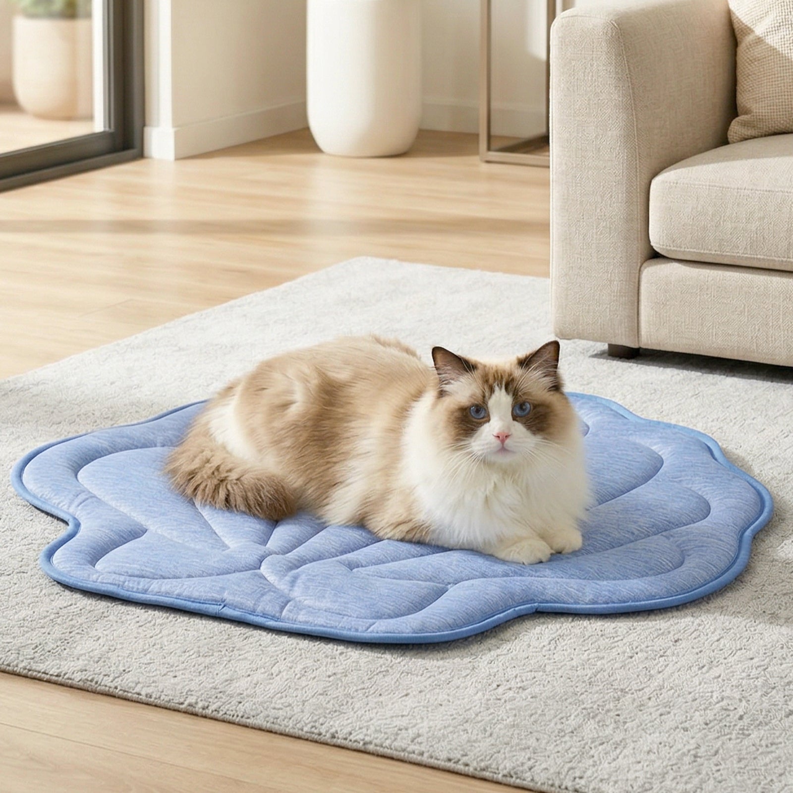 Cat sitting on a blue shell shape cooling mat in a living room.#color_Misty Blue