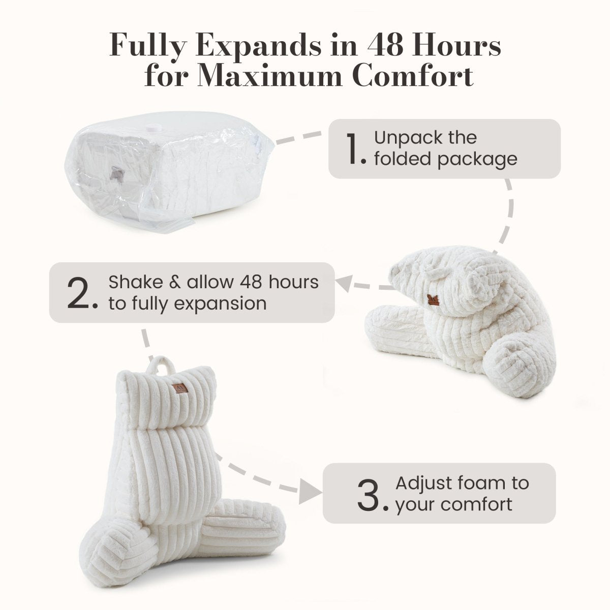 Cozy Bliss reading pillow expands fully within 48 hours for customized comfort and support #color_Ivory