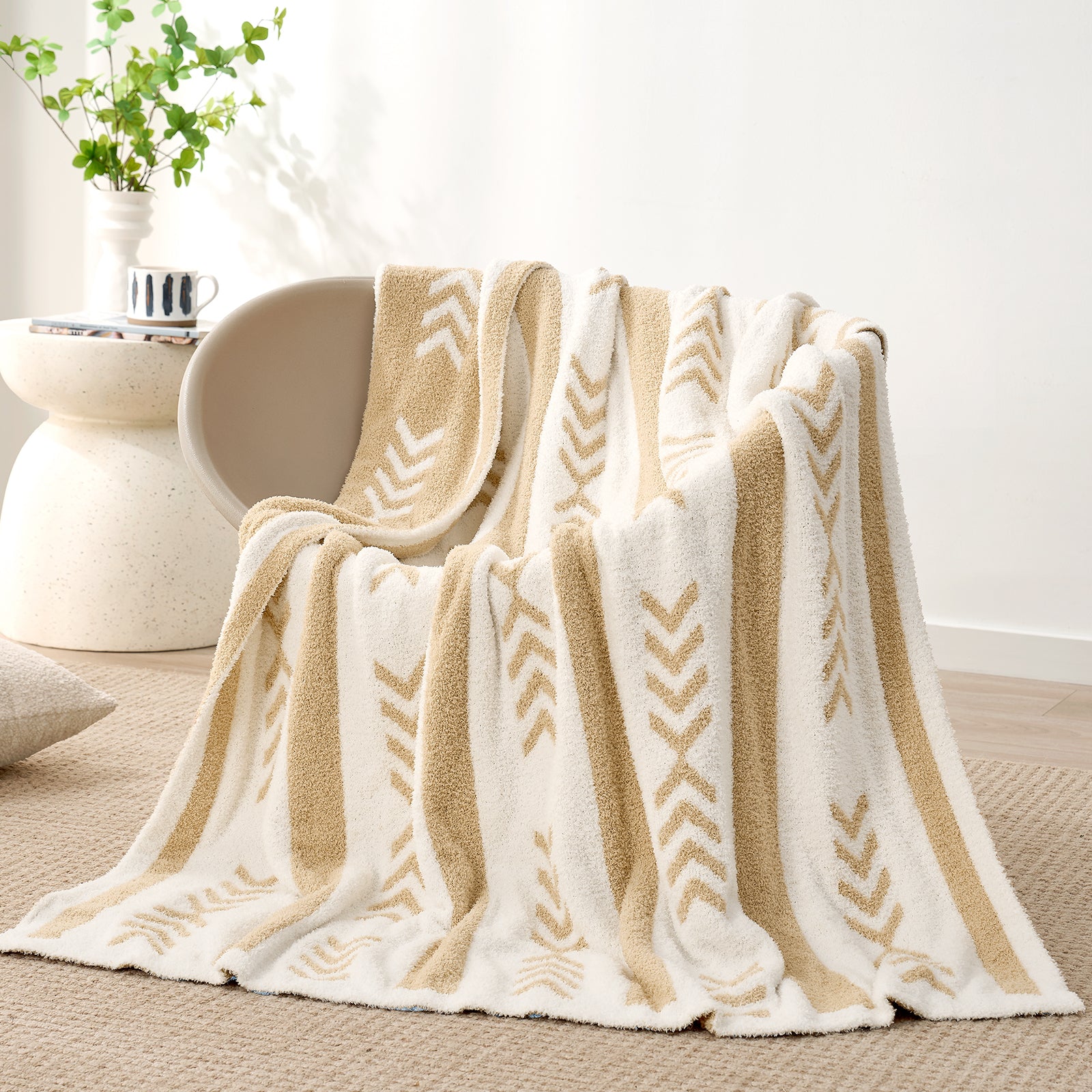 Reversible Boho Feather Yarn Knit Throw Blanket