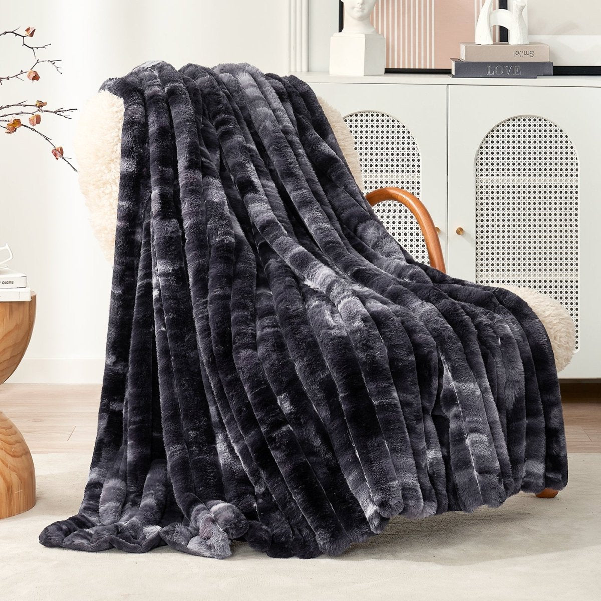 Cozy Bliss Ultra Chunky Striped Faux Fur Throw Blanket in tie-dye black front view. #color_Tie-dye Black