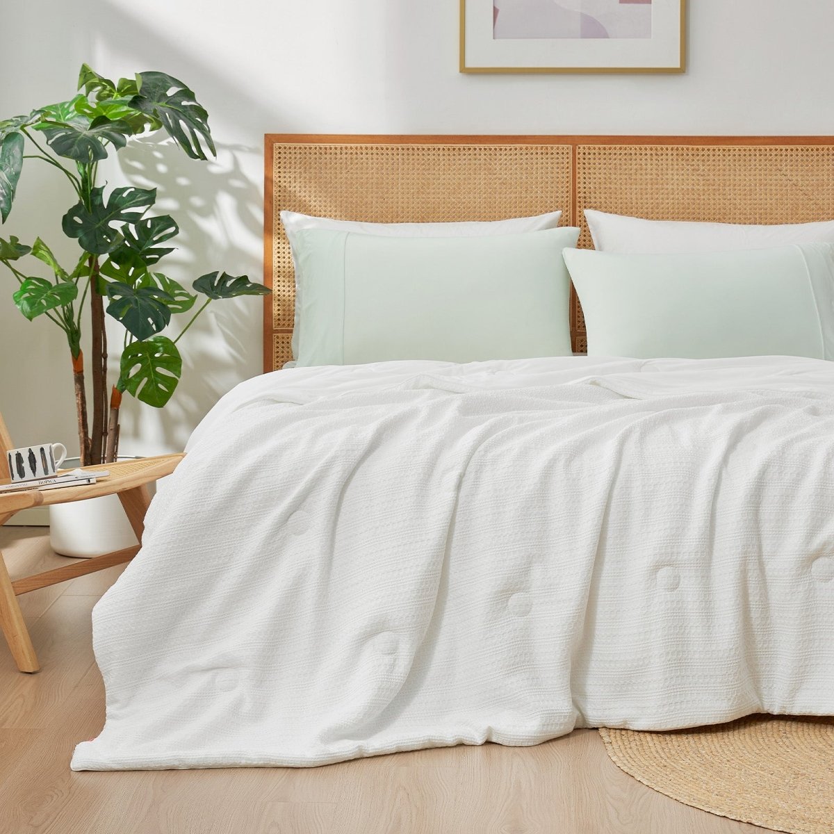 White Sorona® Natural Fiber Waffle Cooling Comforter front view.#color_Off White