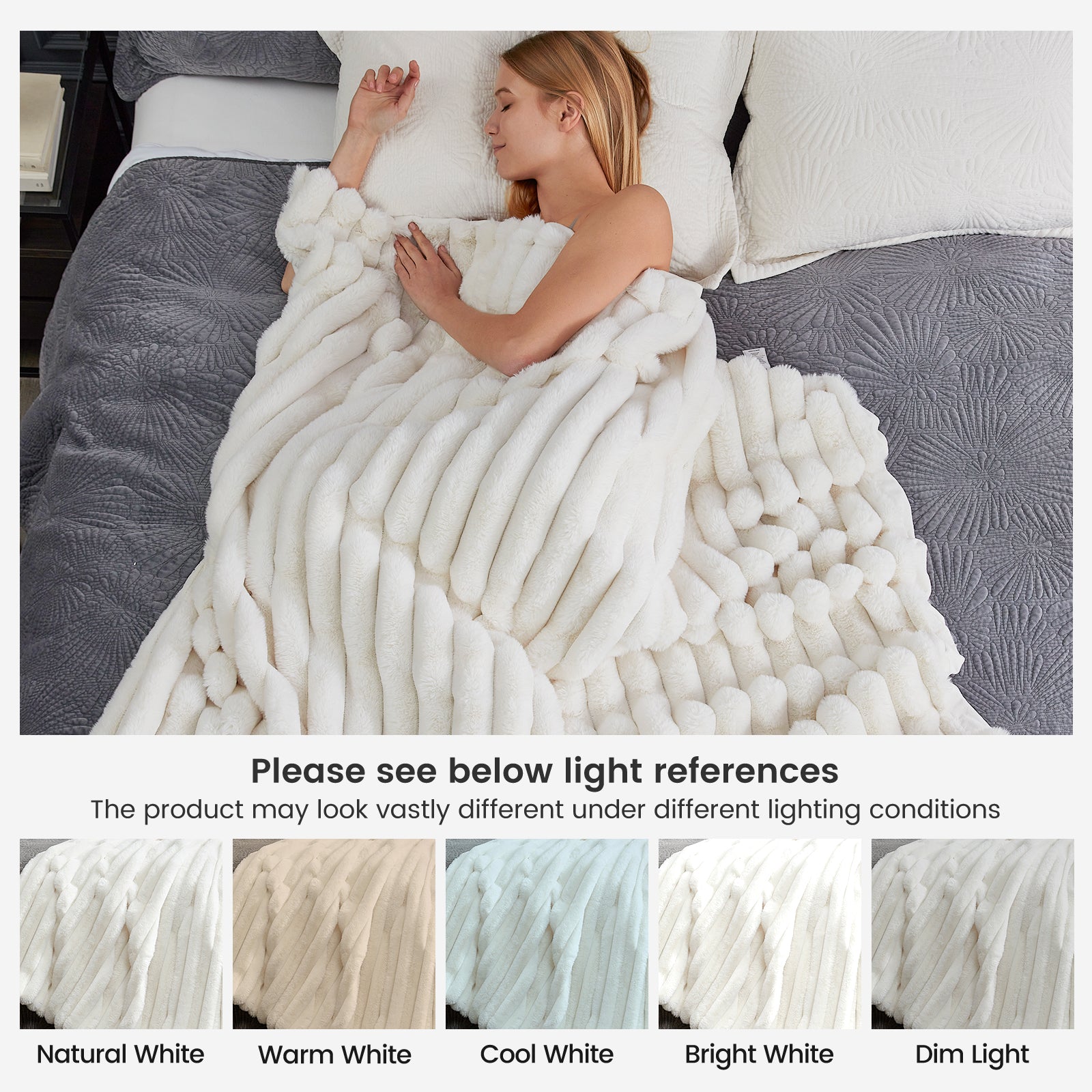 Woman sleeping under Cozy Bliss white faux fur blanket, comfort  #color_Cream White