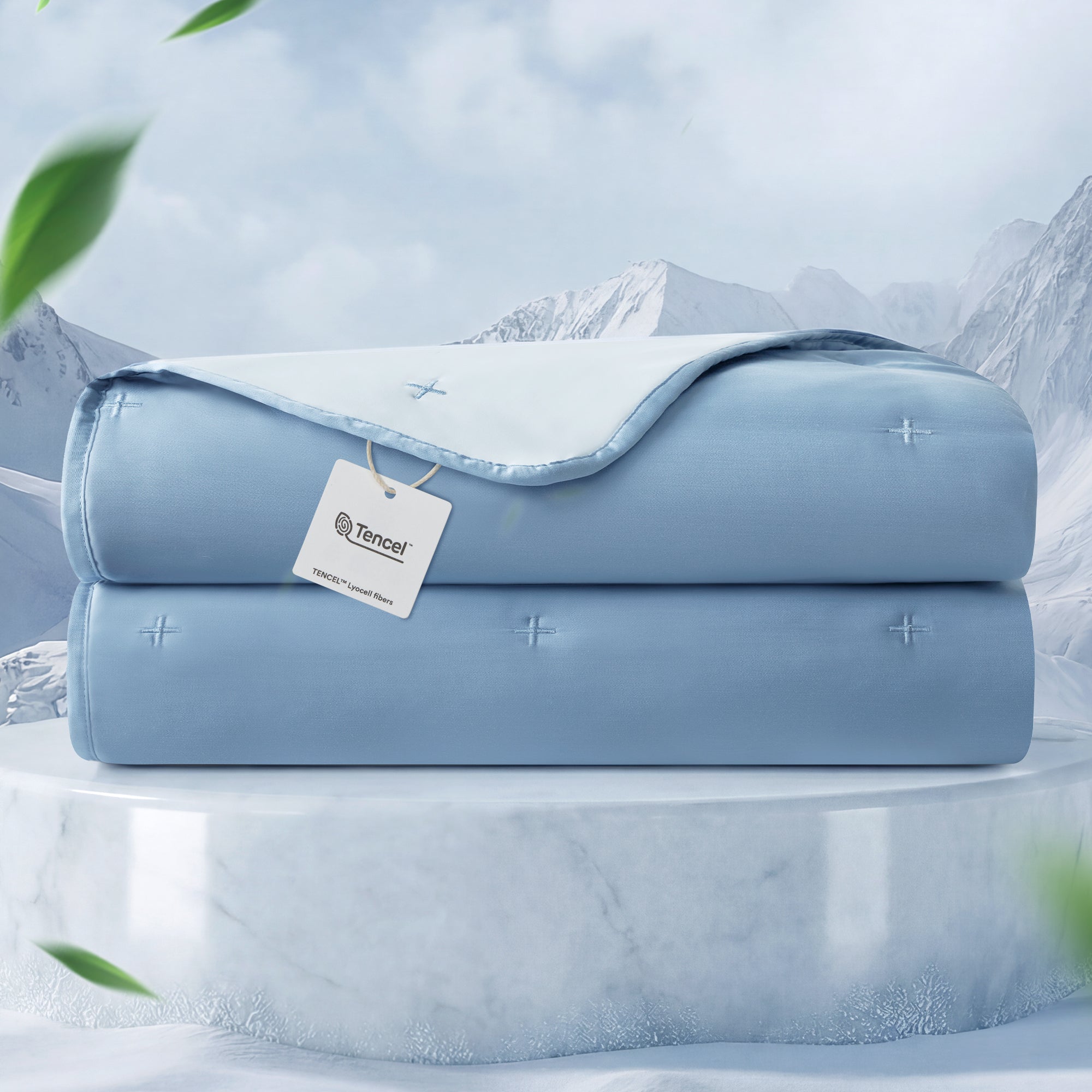 Stack of blue blankets with a tag on a snowy mountain background.#color_Blue