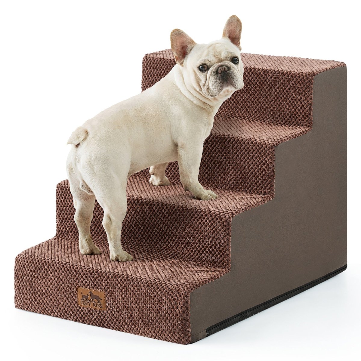 Cozy Bliss 4 Step Right-Angle Arthritis Prevention Foam Pet Stairs in brown with a dog stepping on it. #color_Brown