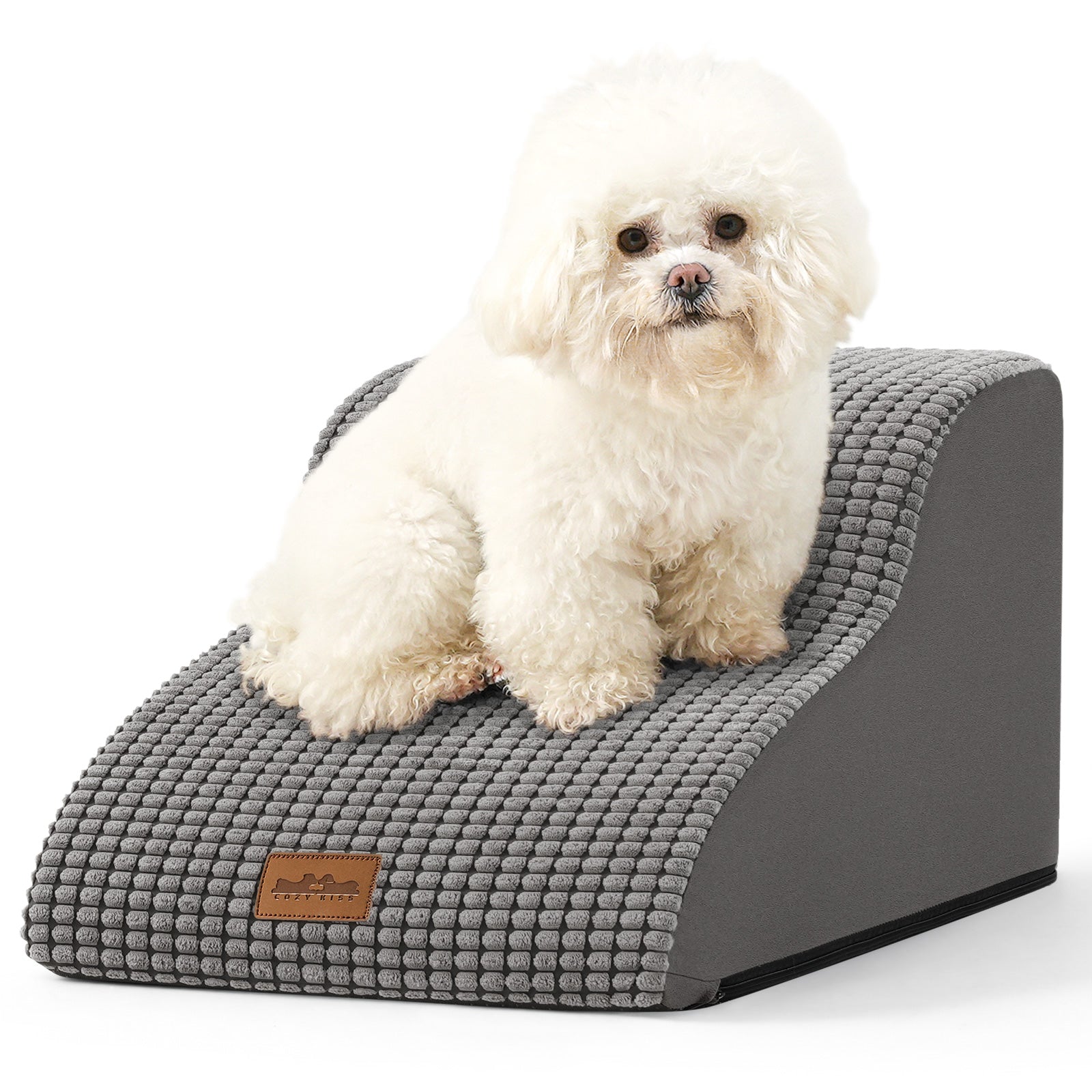 White dog sitting on a gray pet ramp with a white background#color_Dark Grey